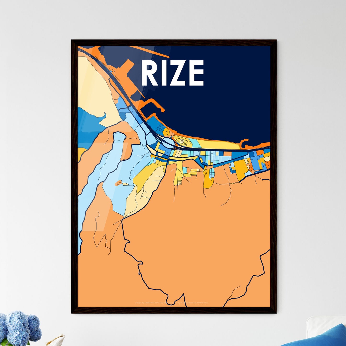 RIZE TURKEY Vibrant Colorful Art Map Poster Blue Orange