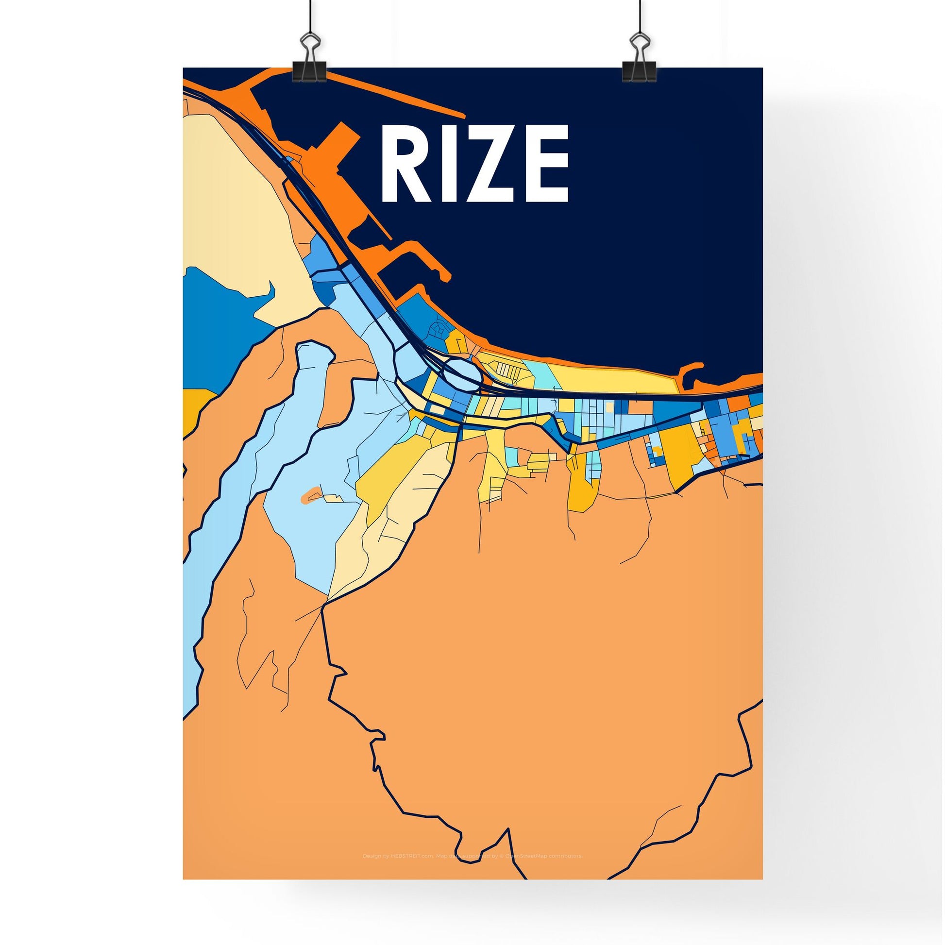 RIZE TURKEY Vibrant Colorful Art Map Poster Blue Orange