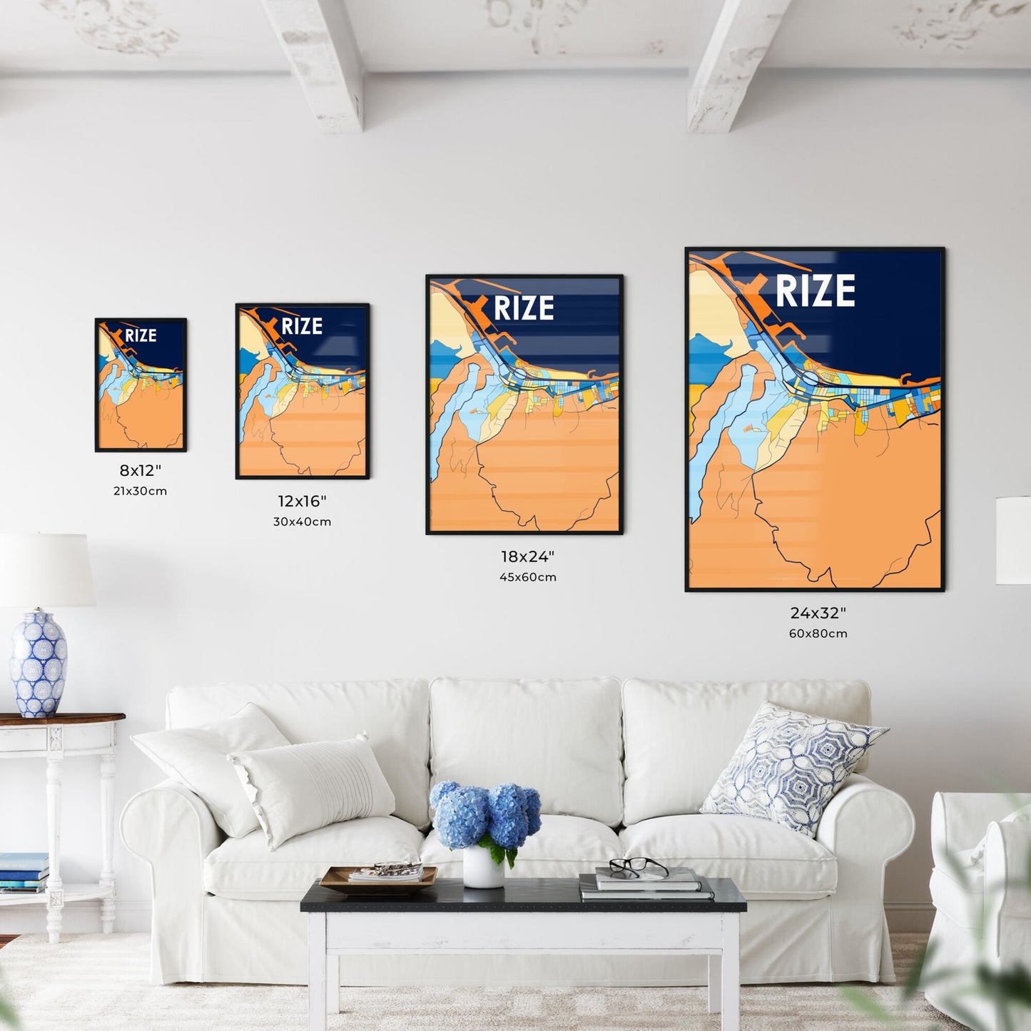 RIZE TURKEY Vibrant Colorful Art Map Poster Blue Orange