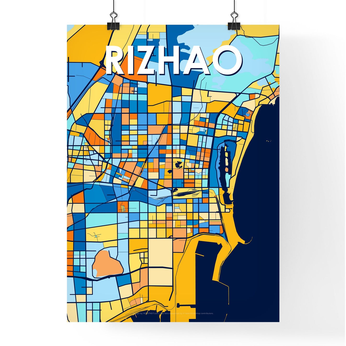 RIZHAO CHINA Vibrant Colorful Art Map Poster Blue Orange