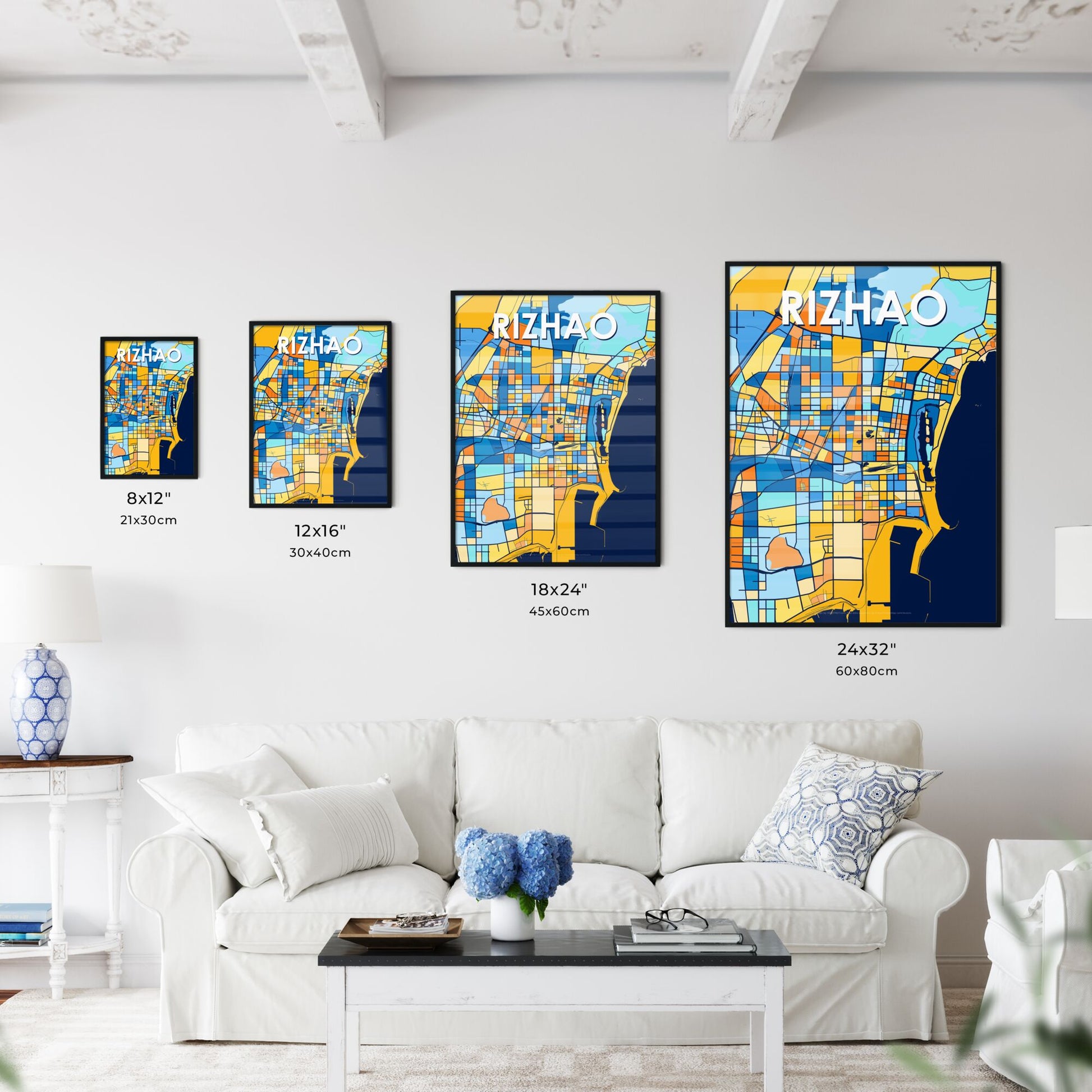 RIZHAO CHINA Vibrant Colorful Art Map Poster Blue Orange