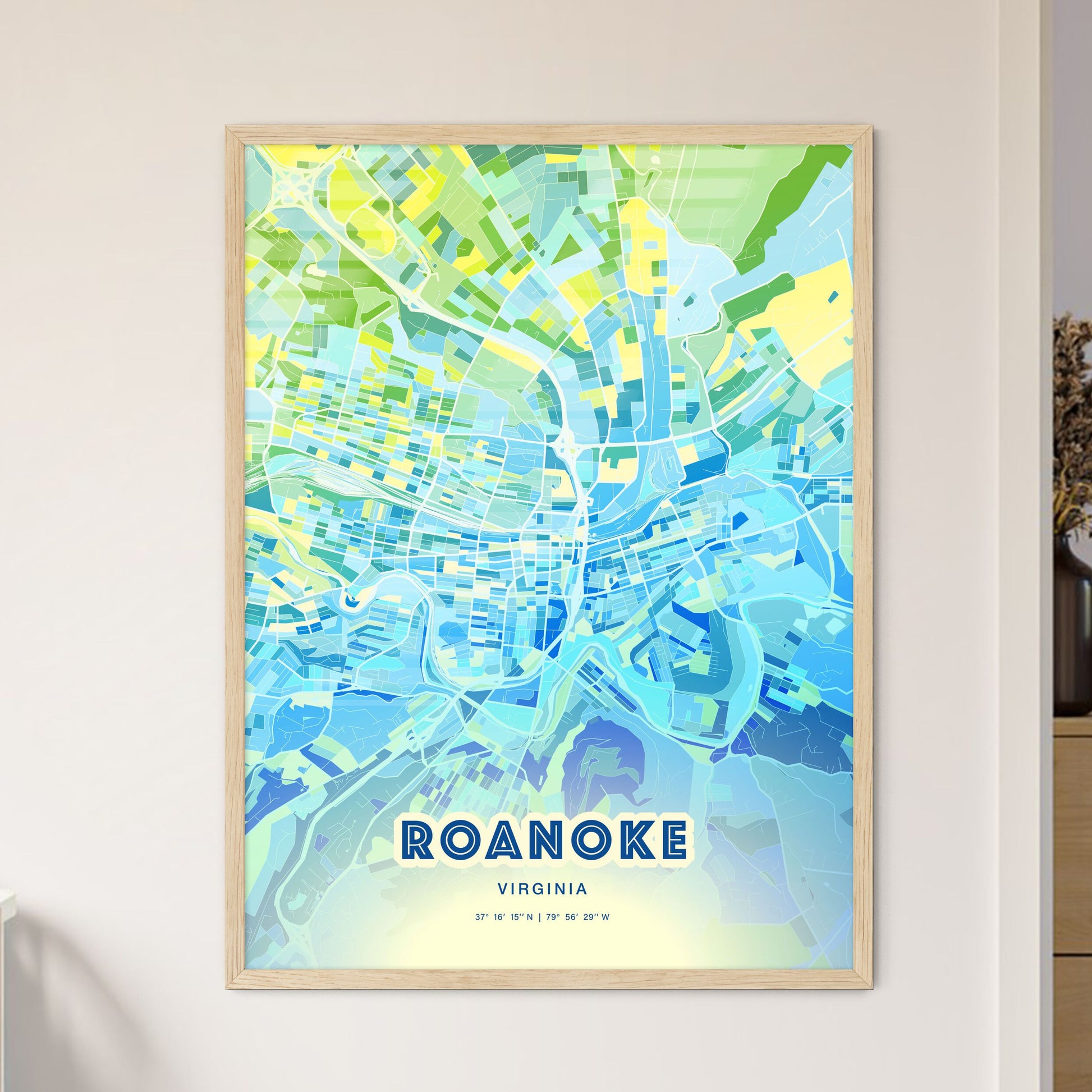 Colorful Roanoke Virginia Fine Art Map Cool Blue