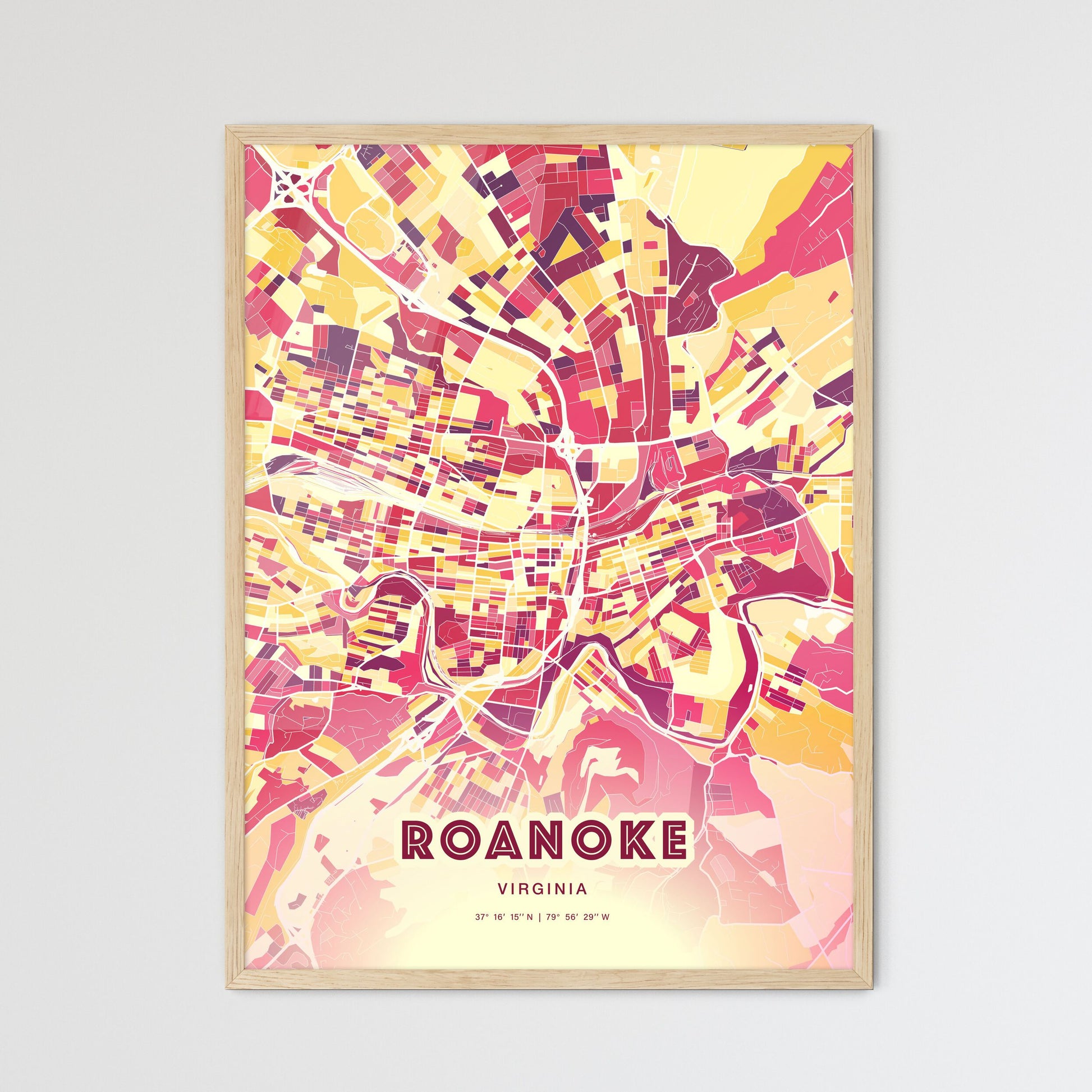 Colorful Roanoke Virginia Fine Art Map Hot Red