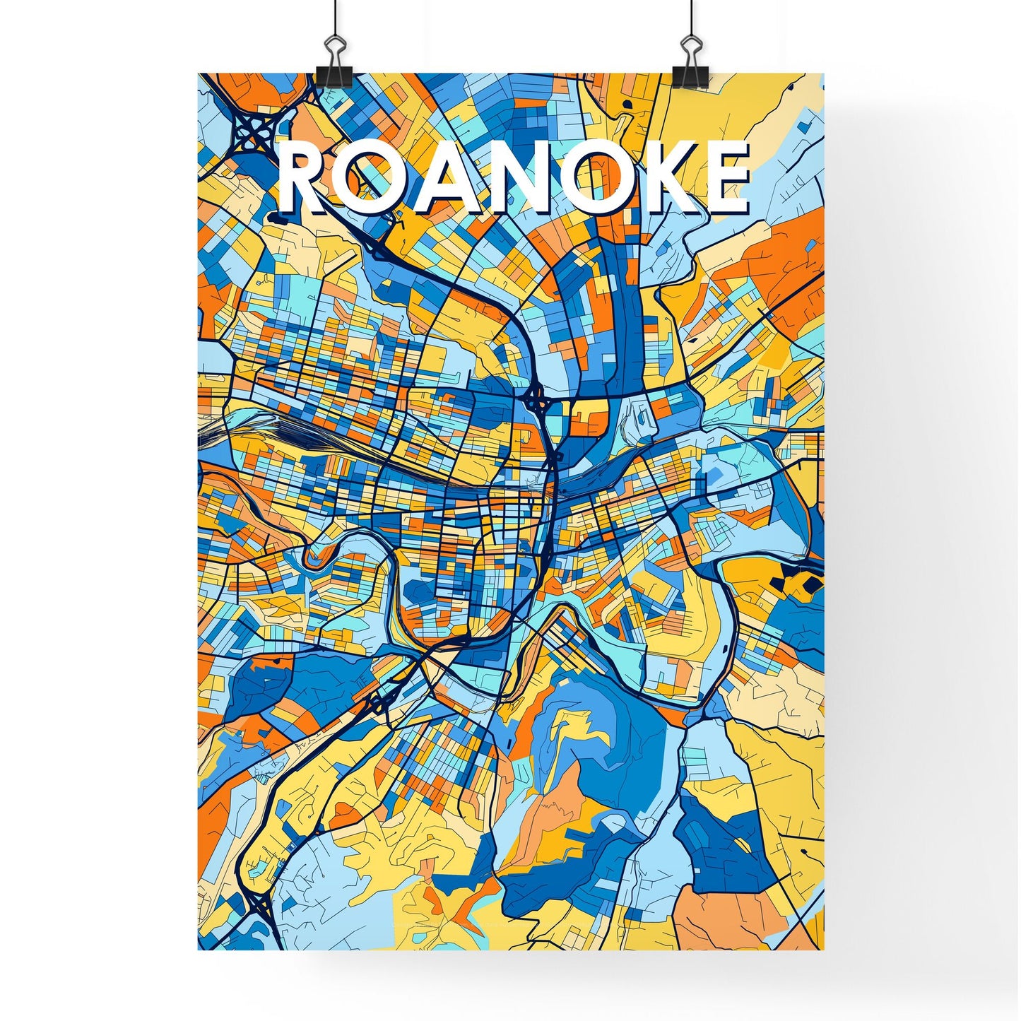 ROANOKE VIRGINIA Vibrant Colorful Art Map Poster Blue Orange