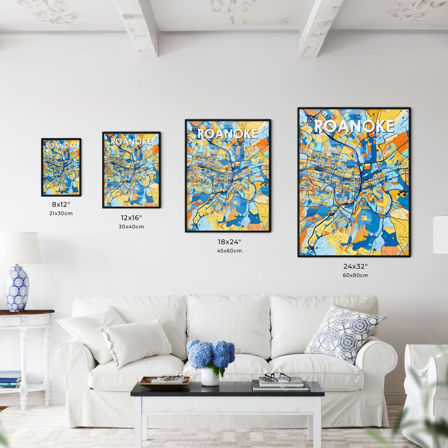 ROANOKE VIRGINIA Vibrant Colorful Art Map Poster Blue Orange