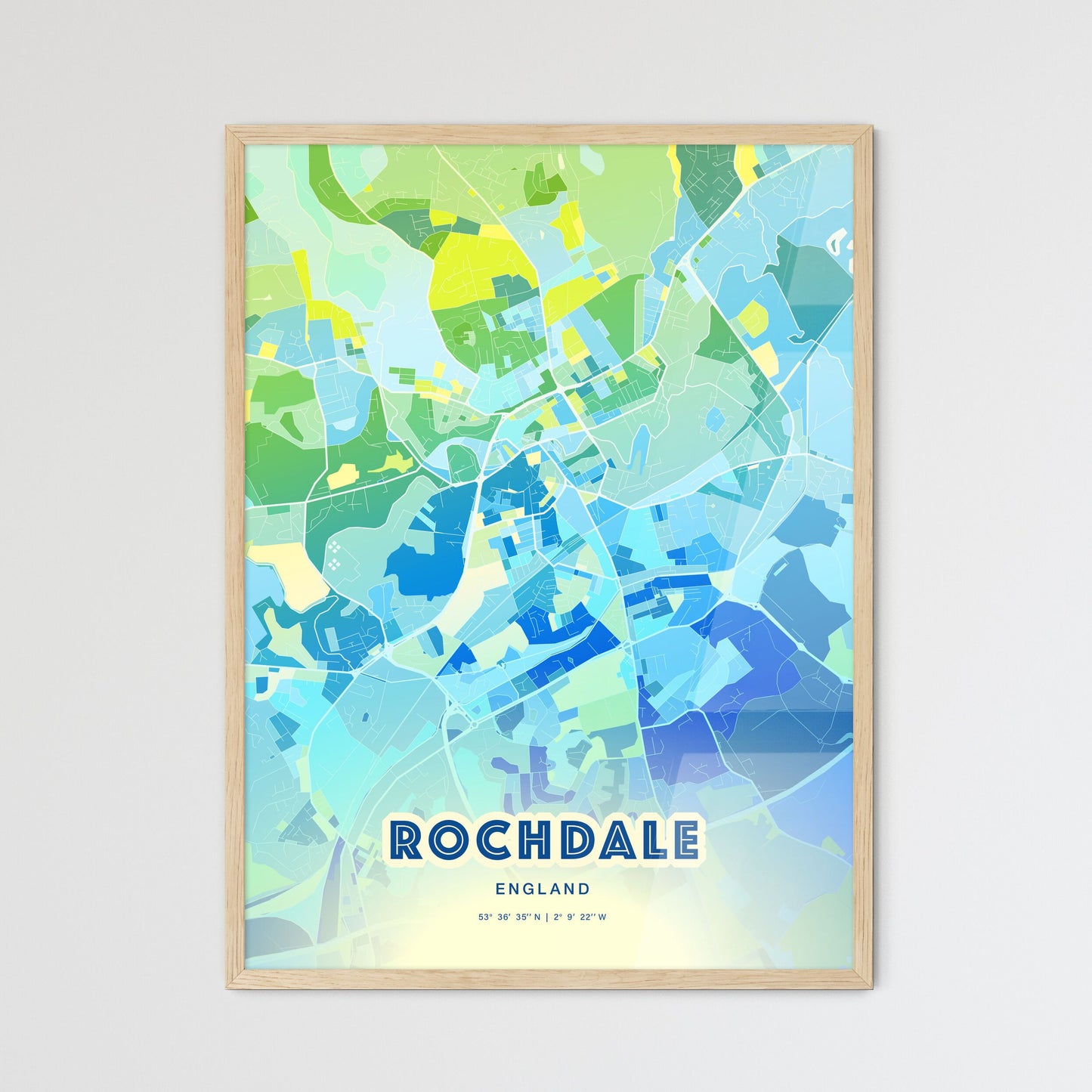 Colorful Rochdale England Fine Art Map Cool Blue