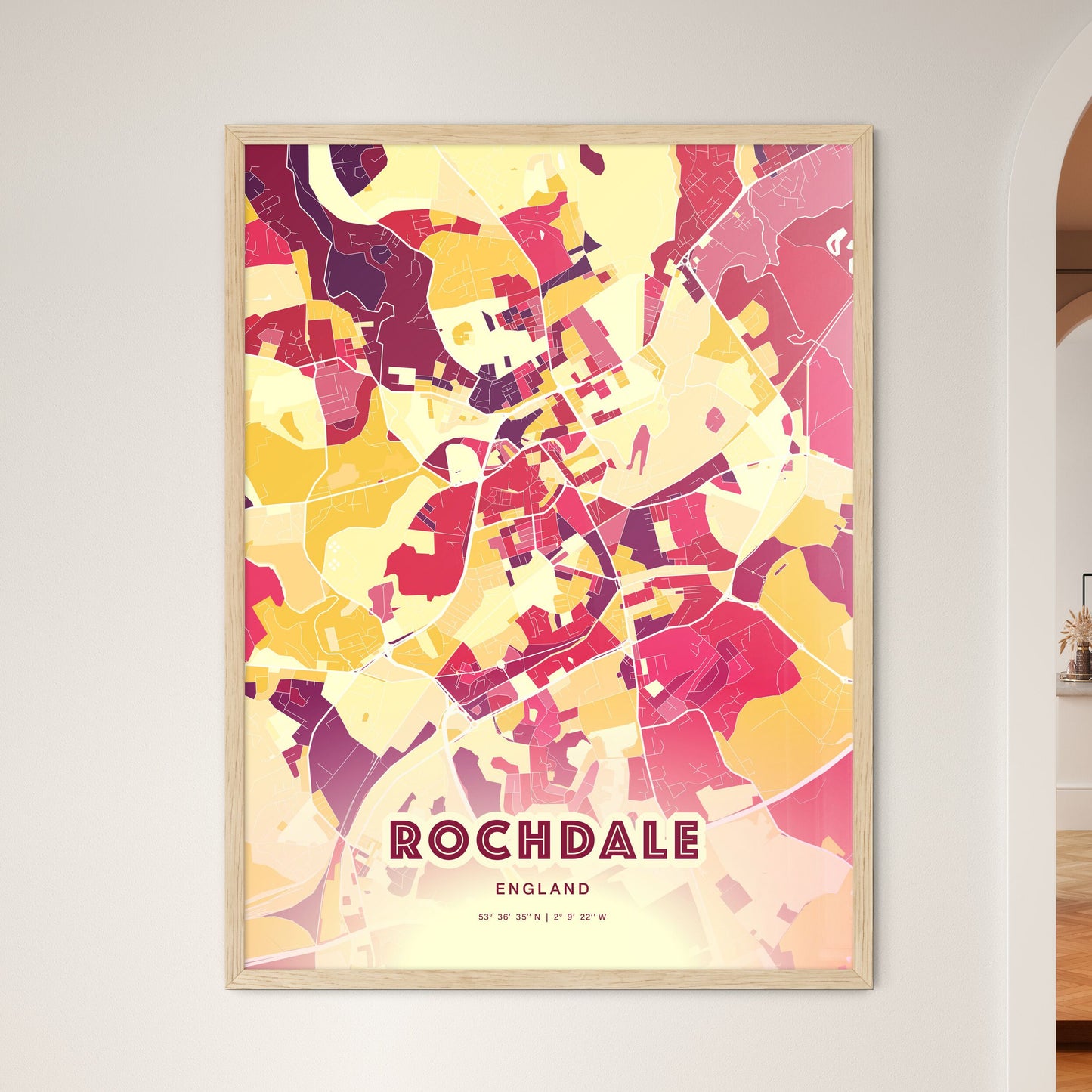 Colorful Rochdale England Fine Art Map Hot Red
