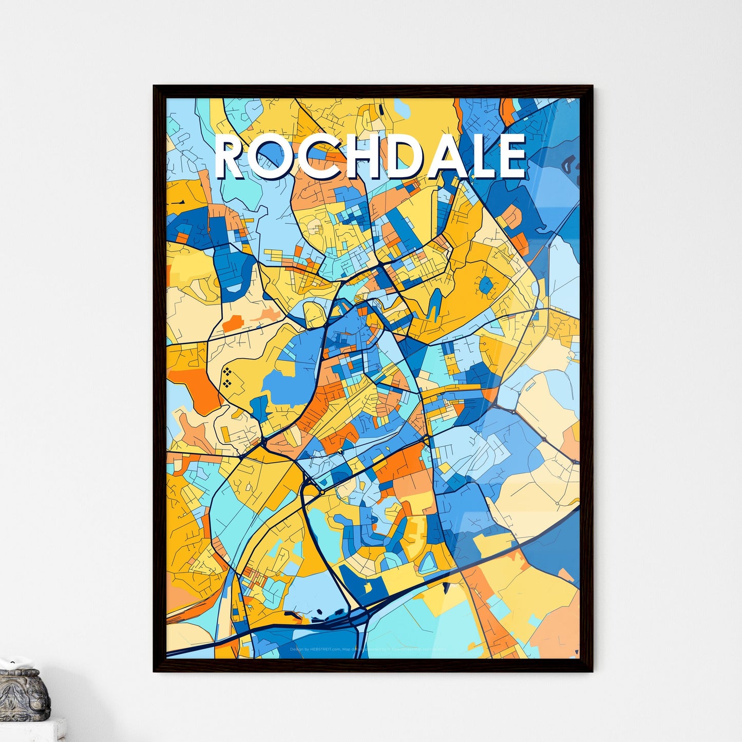 ROCHDALE ENGLAND Vibrant Colorful Art Map Poster Blue Orange