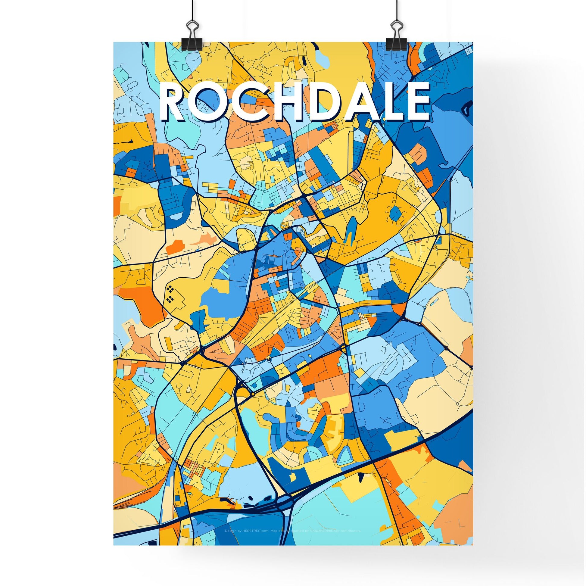 ROCHDALE ENGLAND Vibrant Colorful Art Map Poster Blue Orange