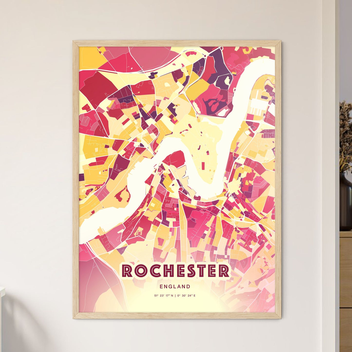 Colorful Rochester England Fine Art Map Hot Red
