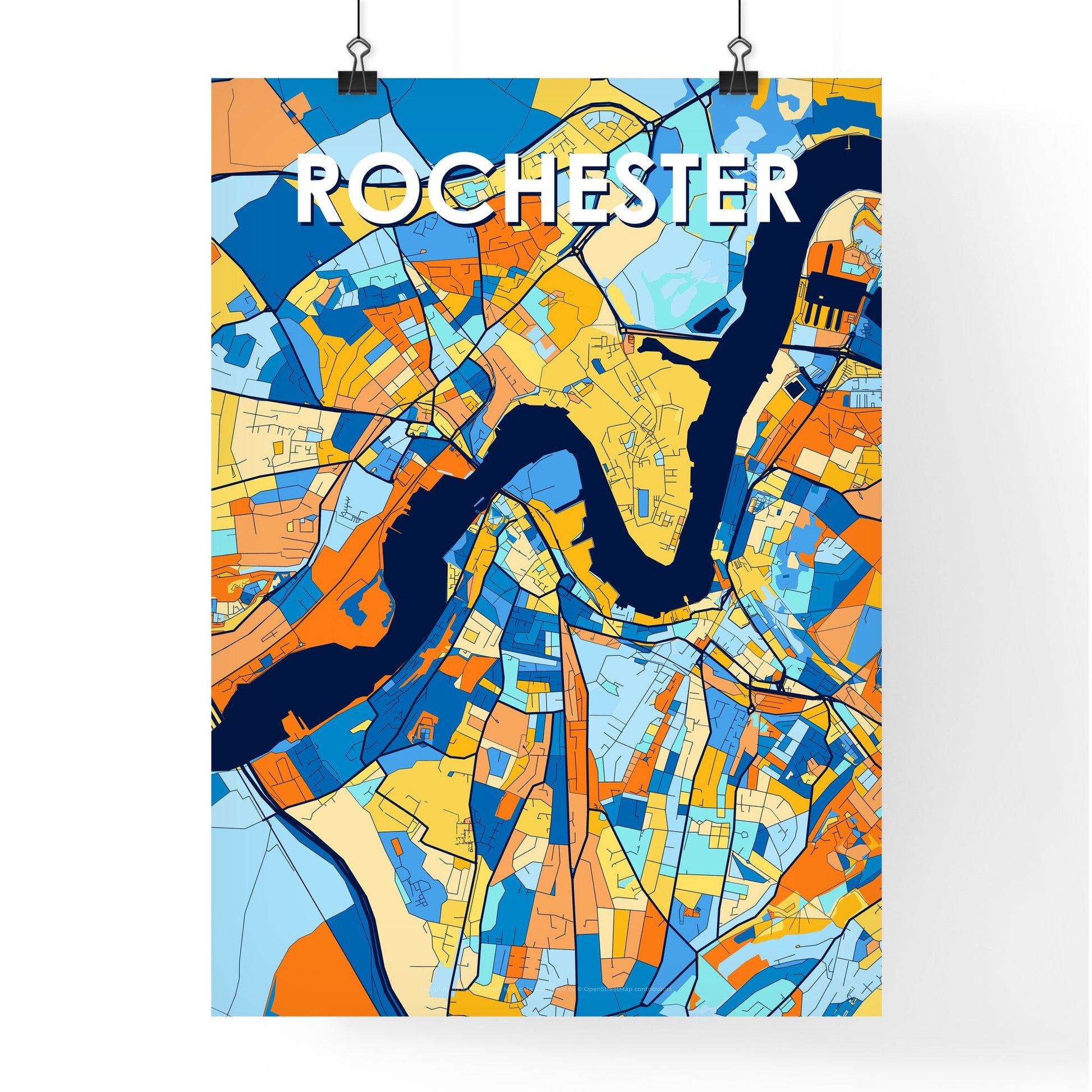 ROCHESTER ENGLAND Vibrant Colorful Art Map Poster Blue Orange