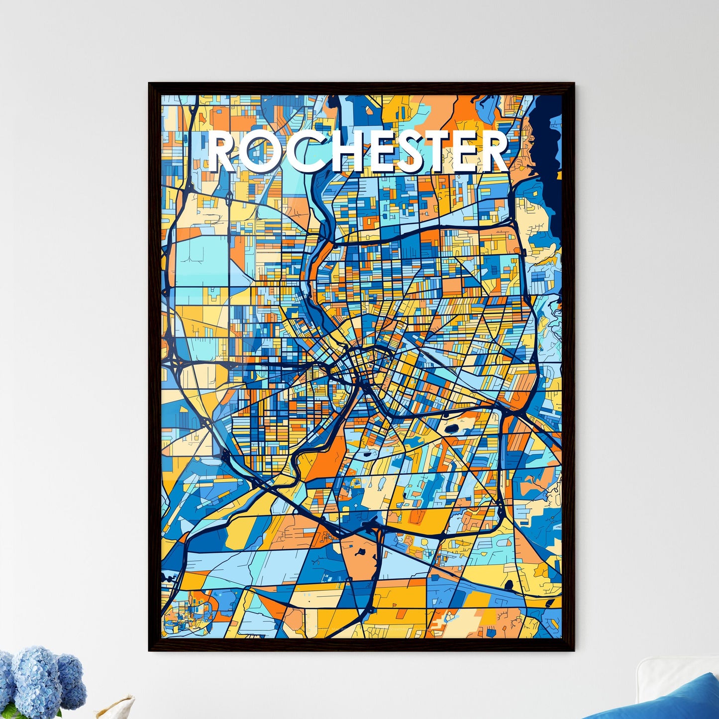 ROCHESTER NEW YORK Vibrant Colorful Art Map Poster Blue Orange