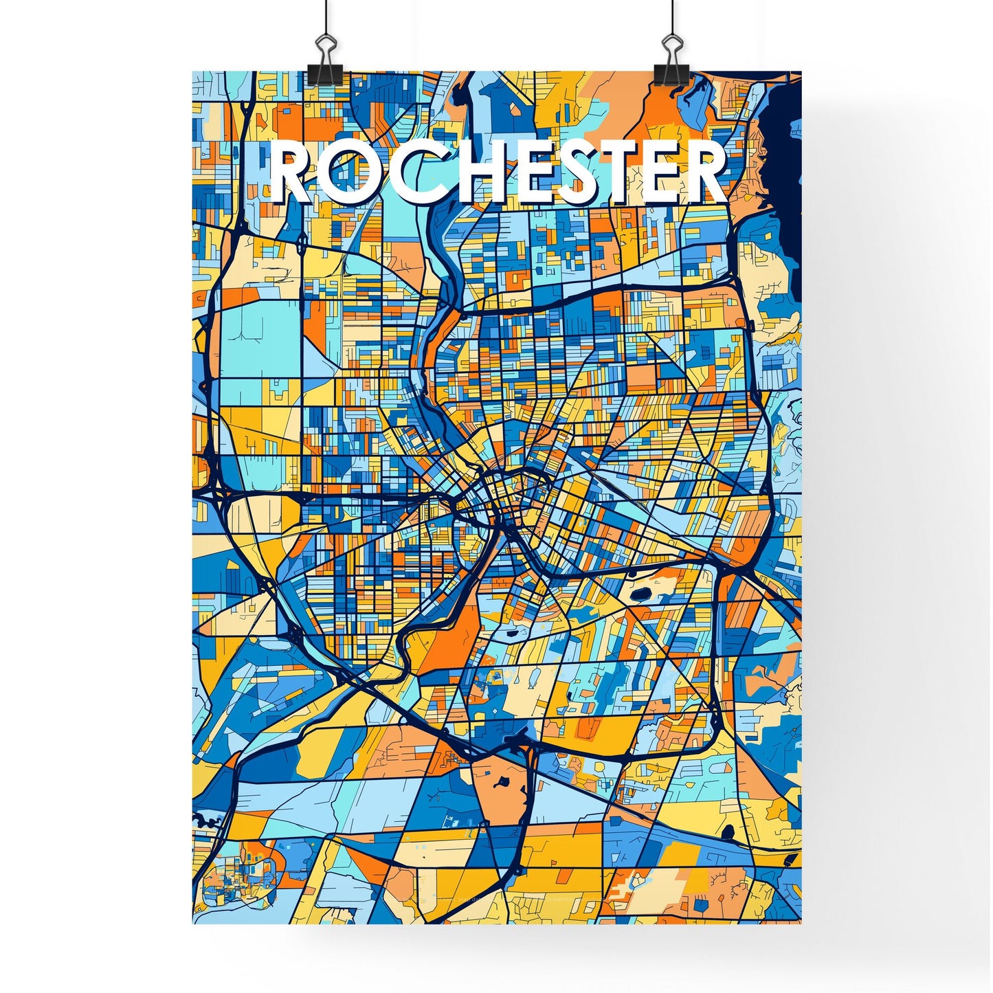 ROCHESTER NEW YORK Vibrant Colorful Art Map Poster Blue Orange