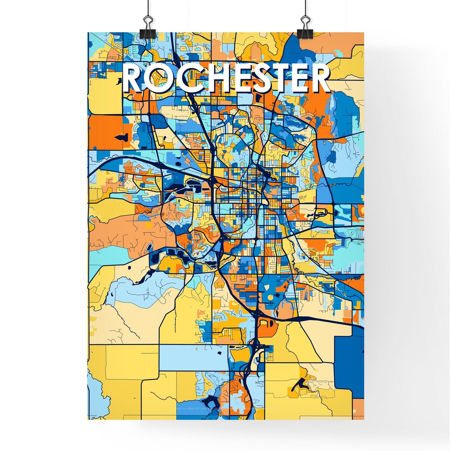 ROCHESTER MINNESOTA Vibrant Colorful Art Map Poster Blue Orange