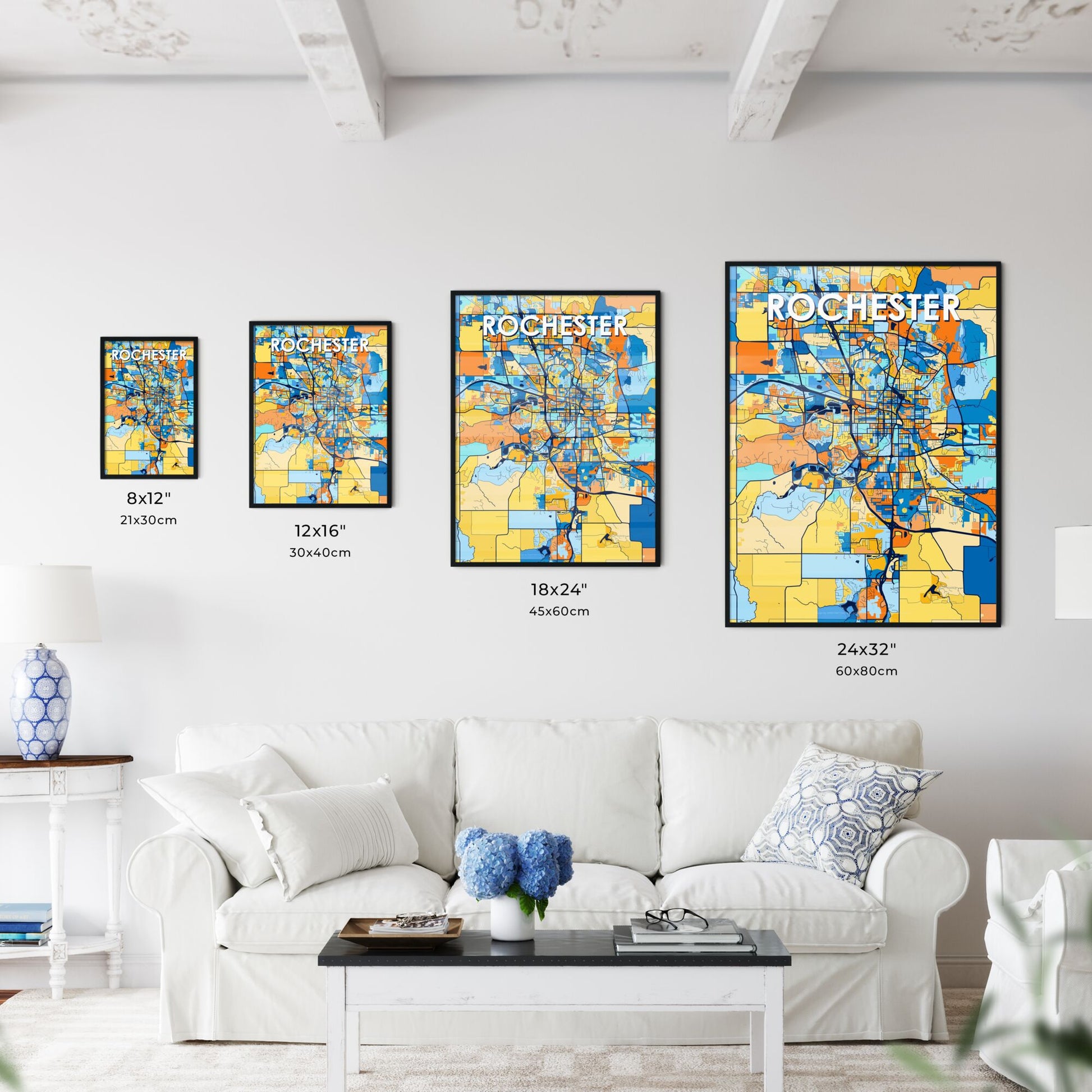 ROCHESTER MINNESOTA Vibrant Colorful Art Map Poster Blue Orange