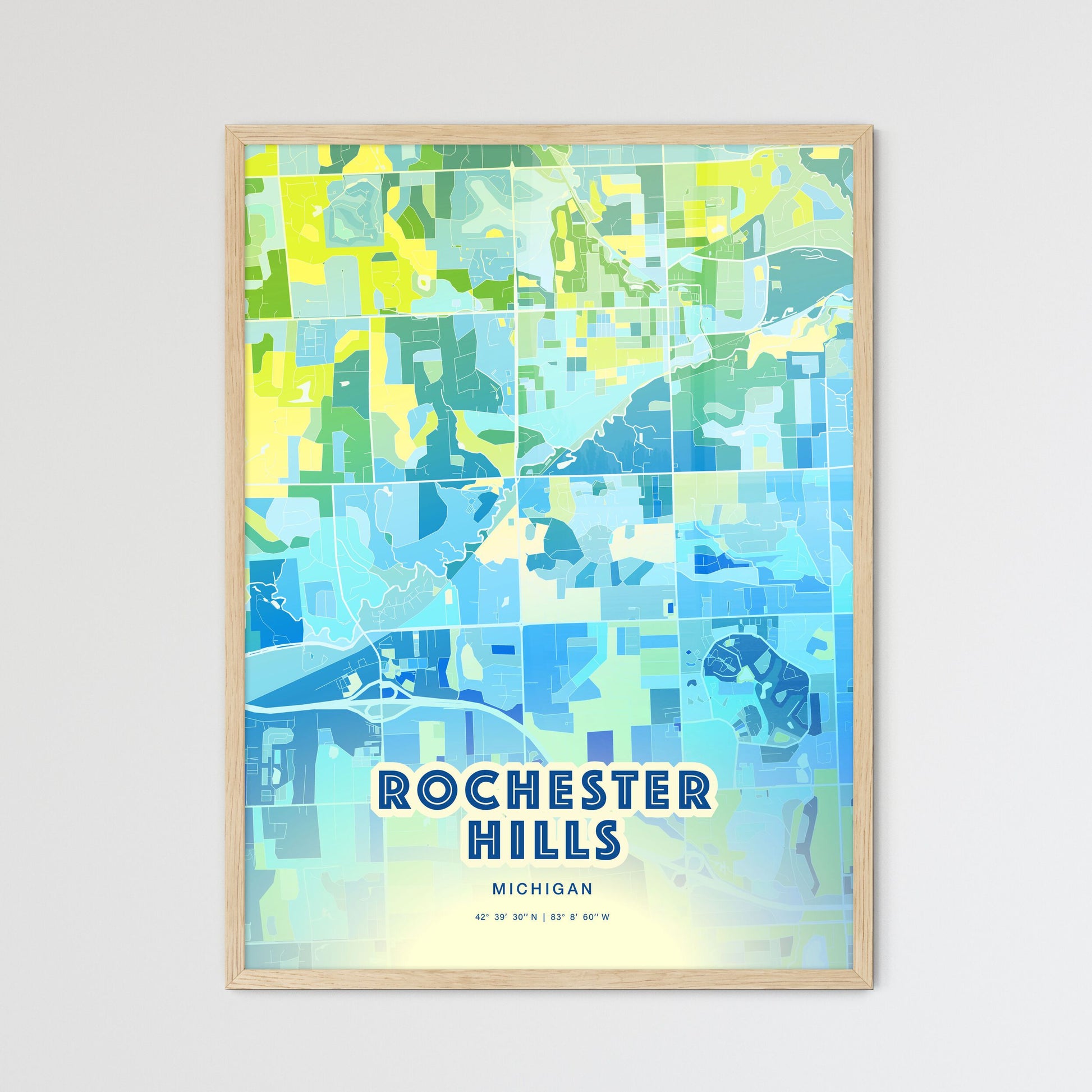 Colorful Rochester Hills Michigan Fine Art Map Cool Blue