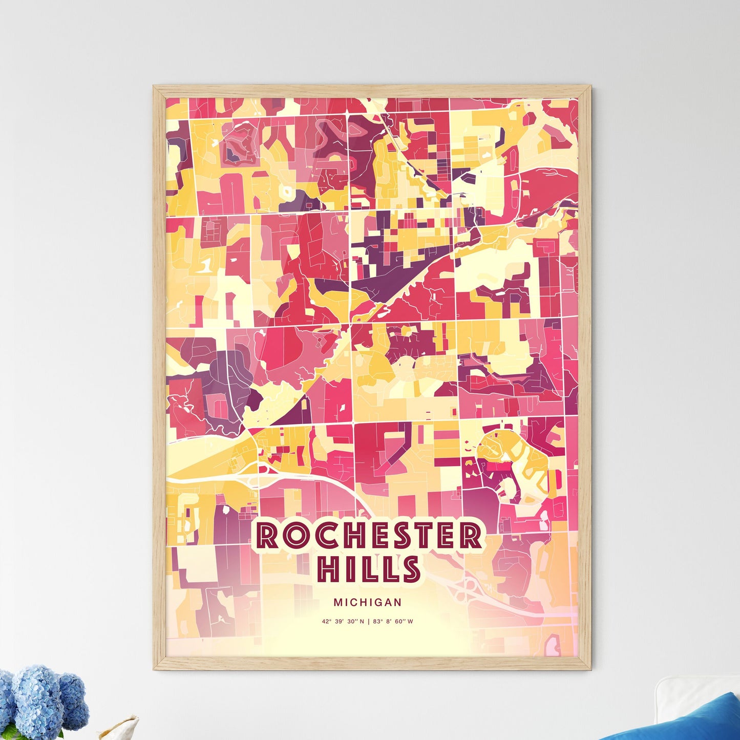 Colorful Rochester Hills Michigan Fine Art Map Hot Red
