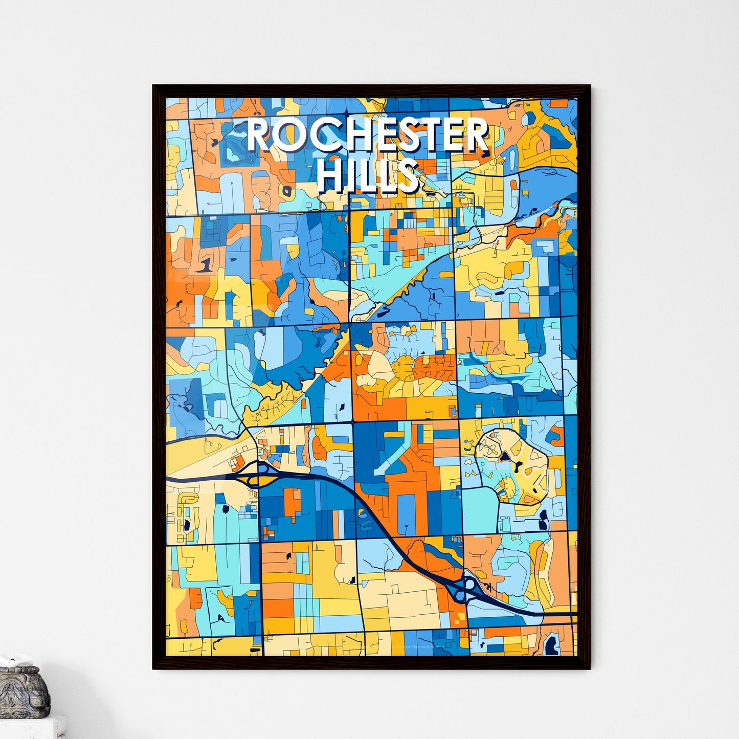 ROCHESTER HILLS MICHIGAN Vibrant Colorful Art Map Poster Blue Orange