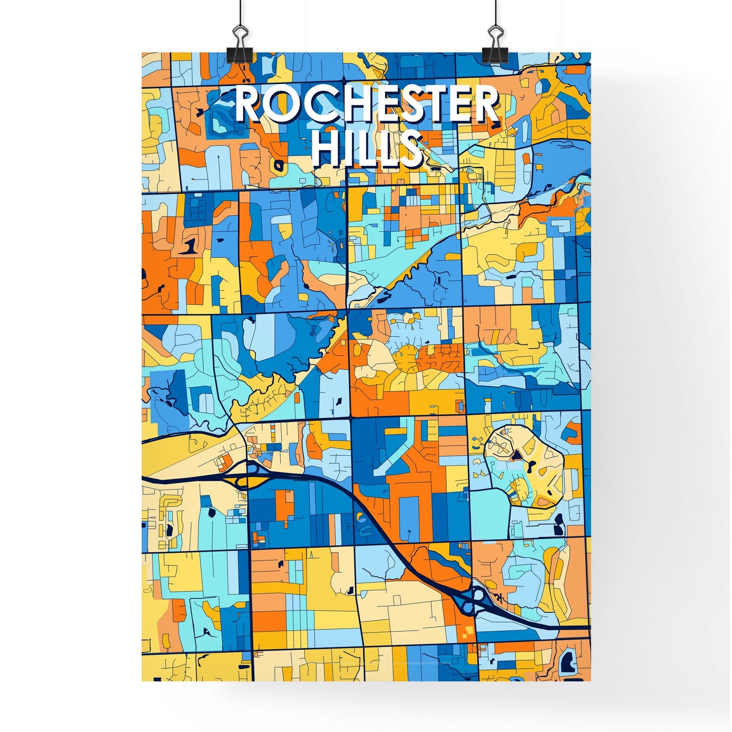 ROCHESTER HILLS MICHIGAN Vibrant Colorful Art Map Poster Blue Orange