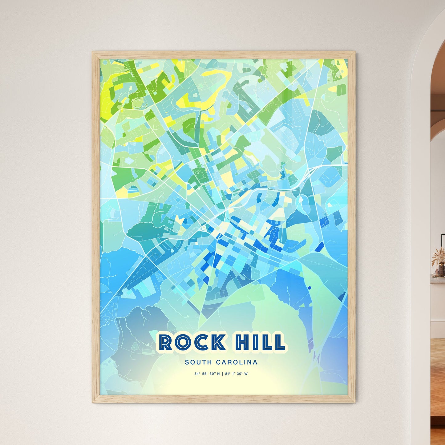 Colorful Rock Hill South Carolina Fine Art Map Cool Blue