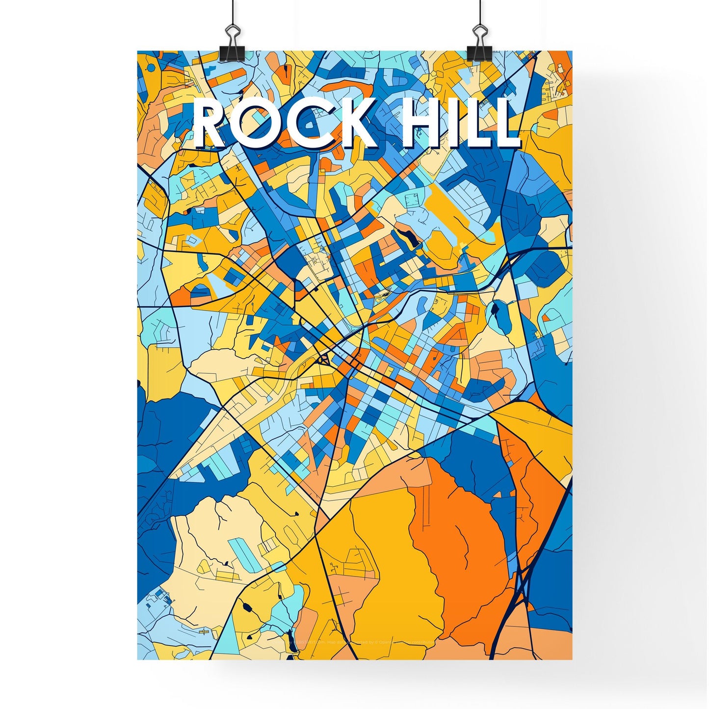 ROCK HILL SOUTH CAROLINA Vibrant Colorful Art Map Poster Blue Orange