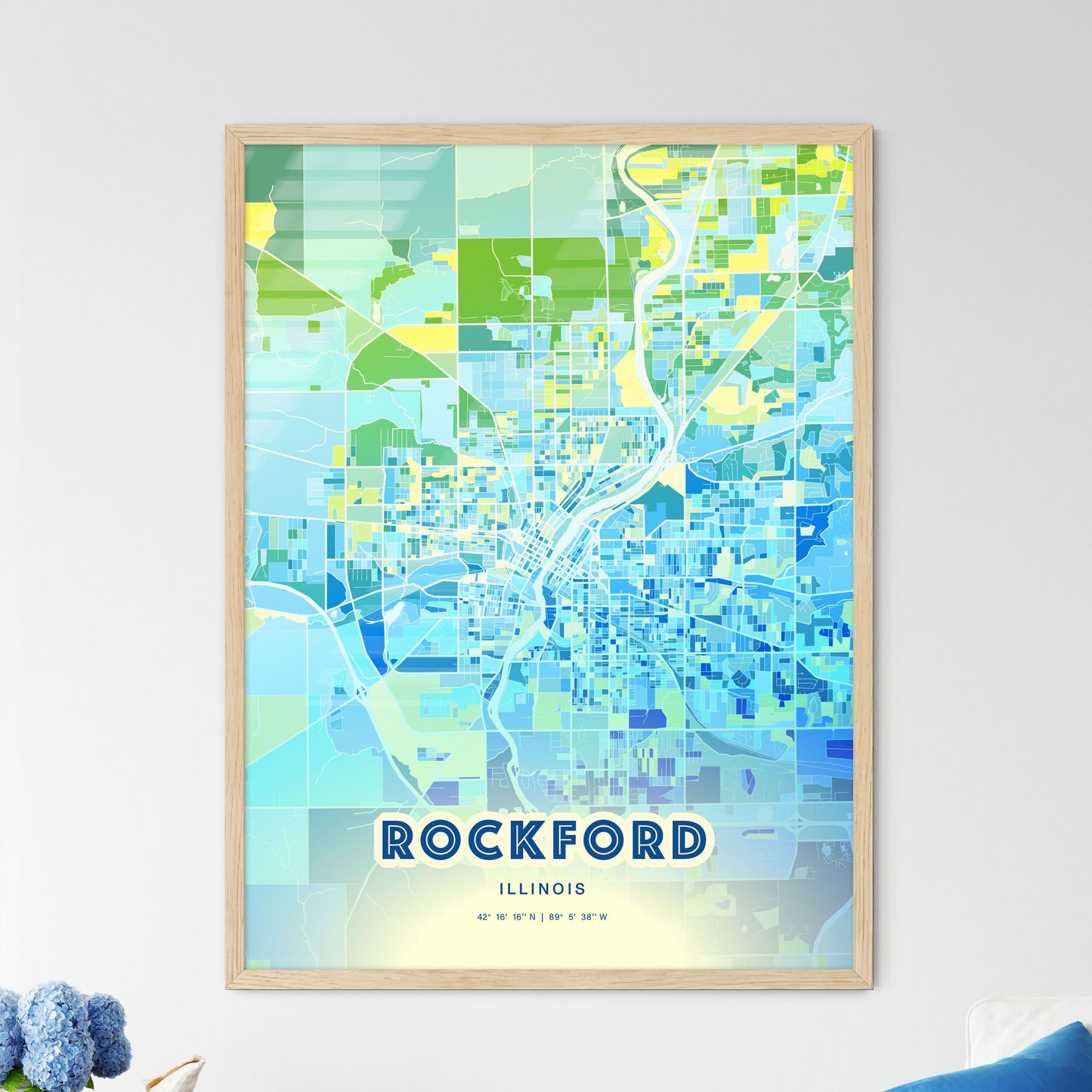 Colorful Rockford Illinois Fine Art Map Cool Blue