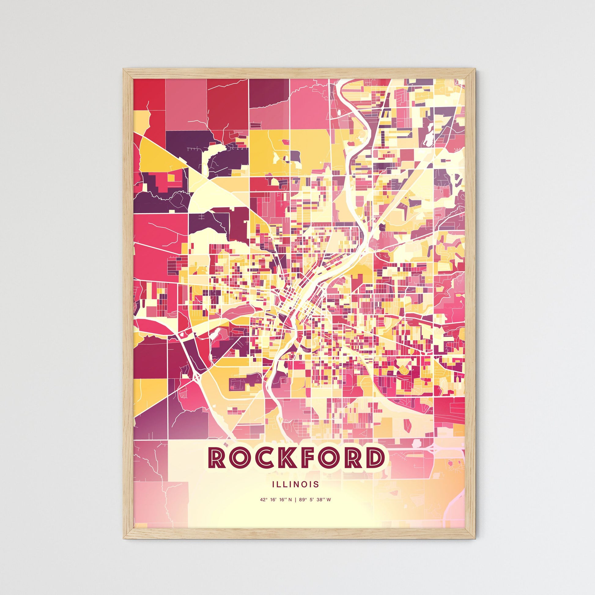 Colorful Rockford Illinois Fine Art Map Hot Red