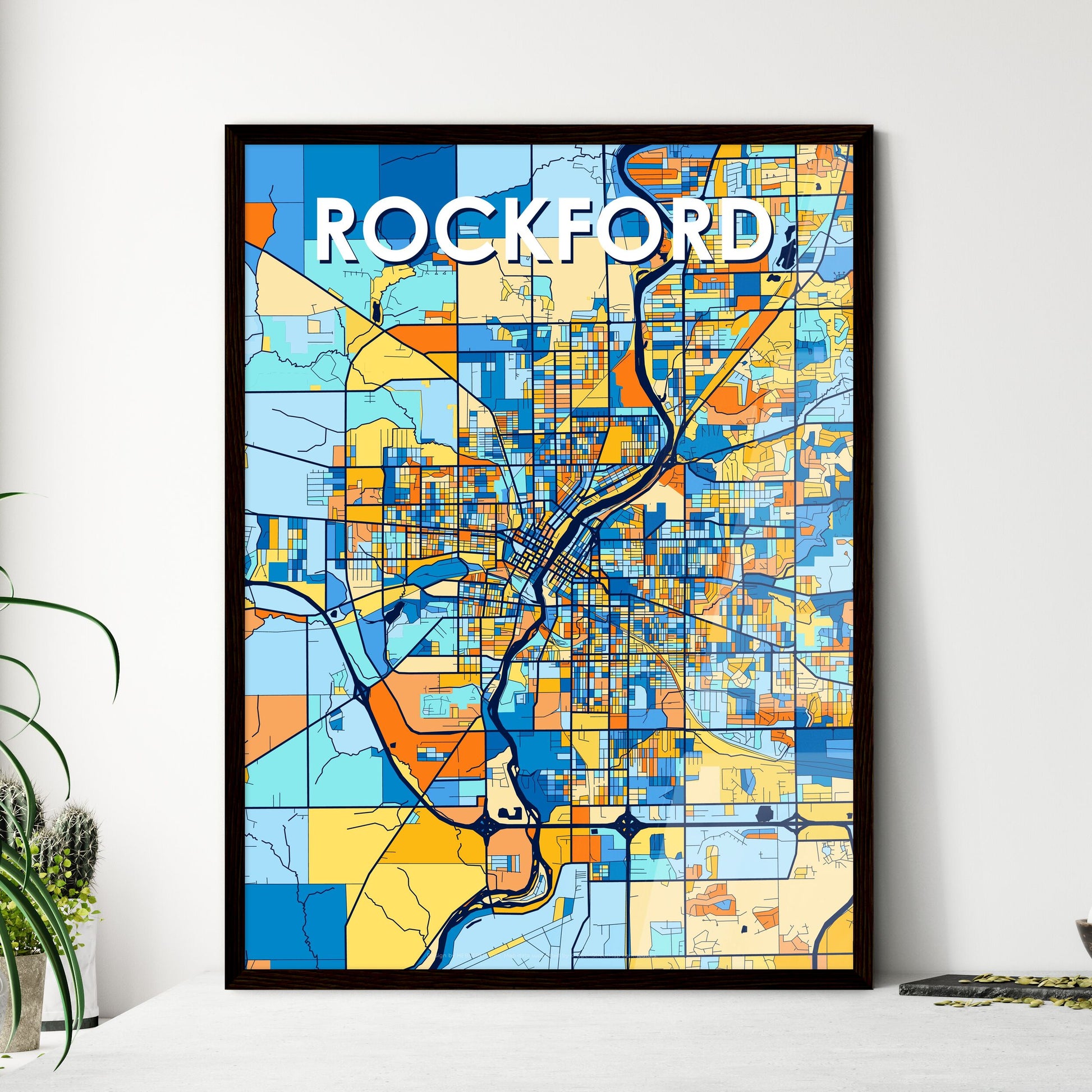 ROCKFORD ILLINOIS Vibrant Colorful Art Map Poster Blue Orange