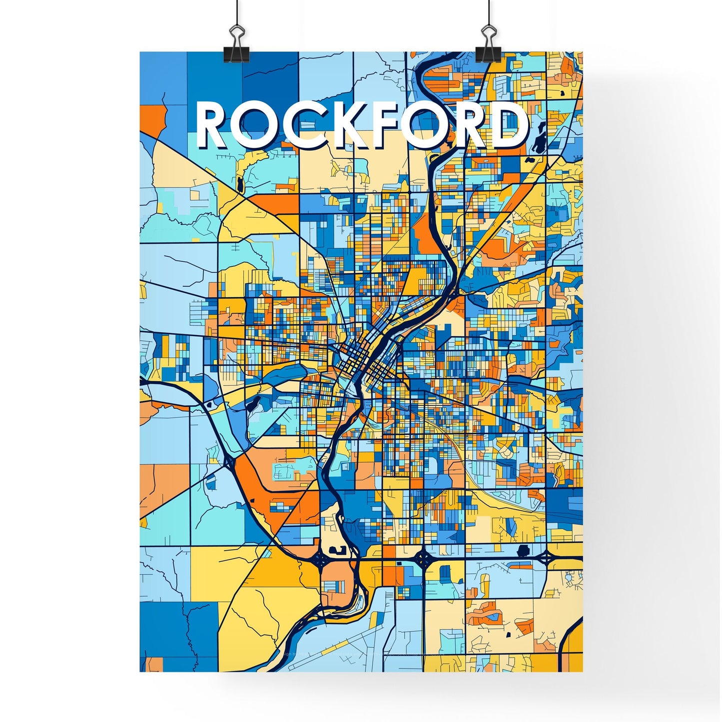 ROCKFORD ILLINOIS Vibrant Colorful Art Map Poster Blue Orange