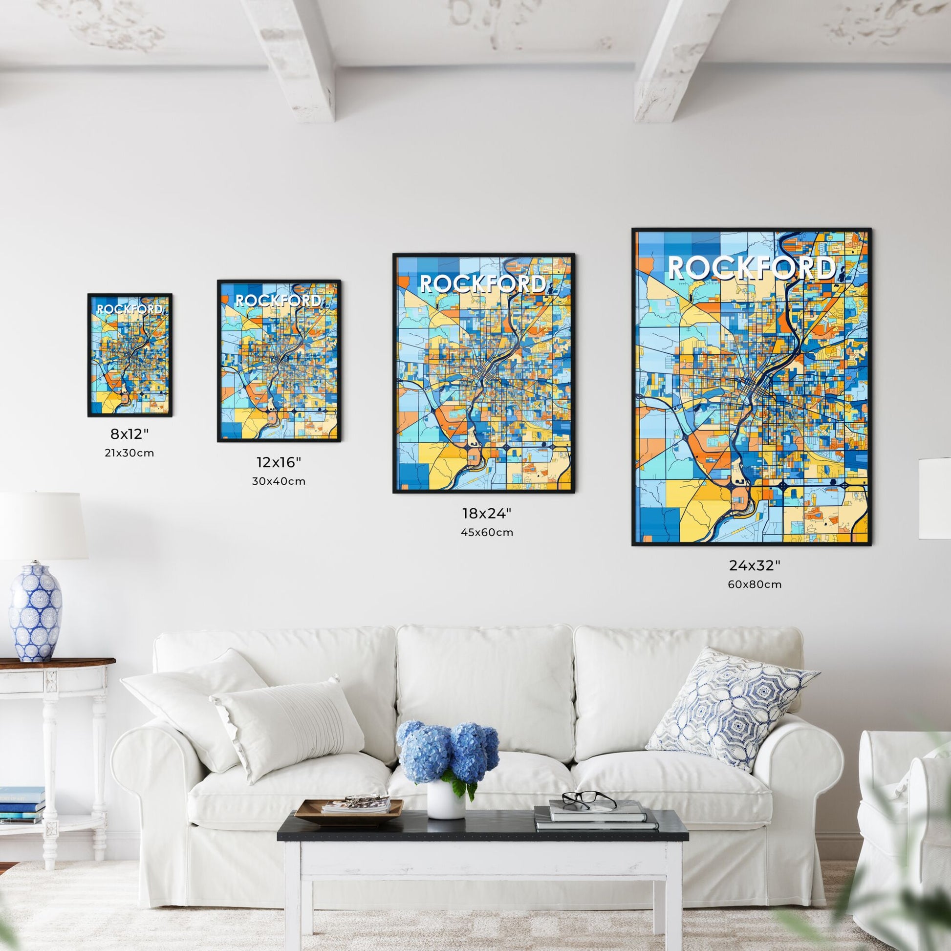 ROCKFORD ILLINOIS Vibrant Colorful Art Map Poster Blue Orange