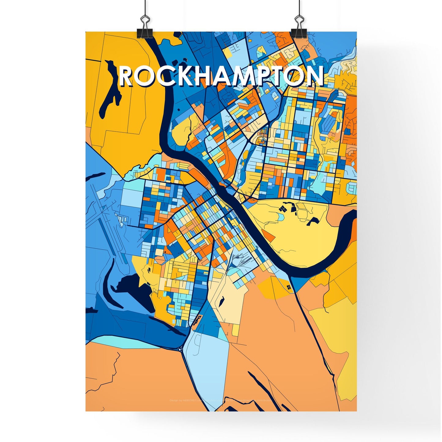 ROCKHAMPTON AUSTRALIA Vibrant Colorful Art Map Poster Blue Orange