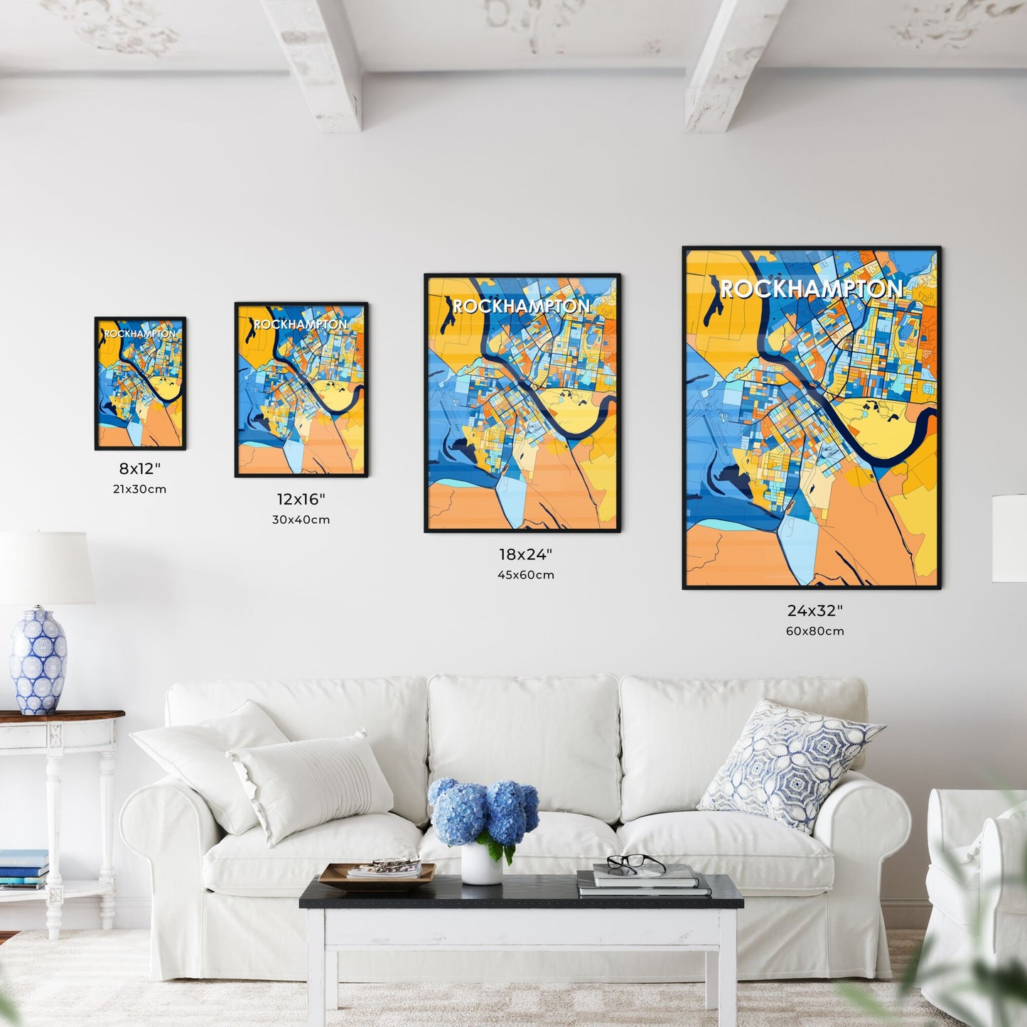 ROCKHAMPTON AUSTRALIA Vibrant Colorful Art Map Poster Blue Orange