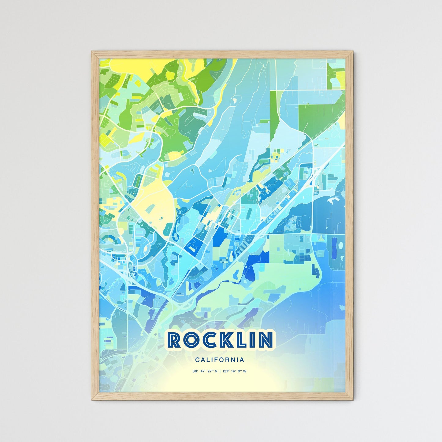 Colorful Rocklin California Fine Art Map Cool Blue