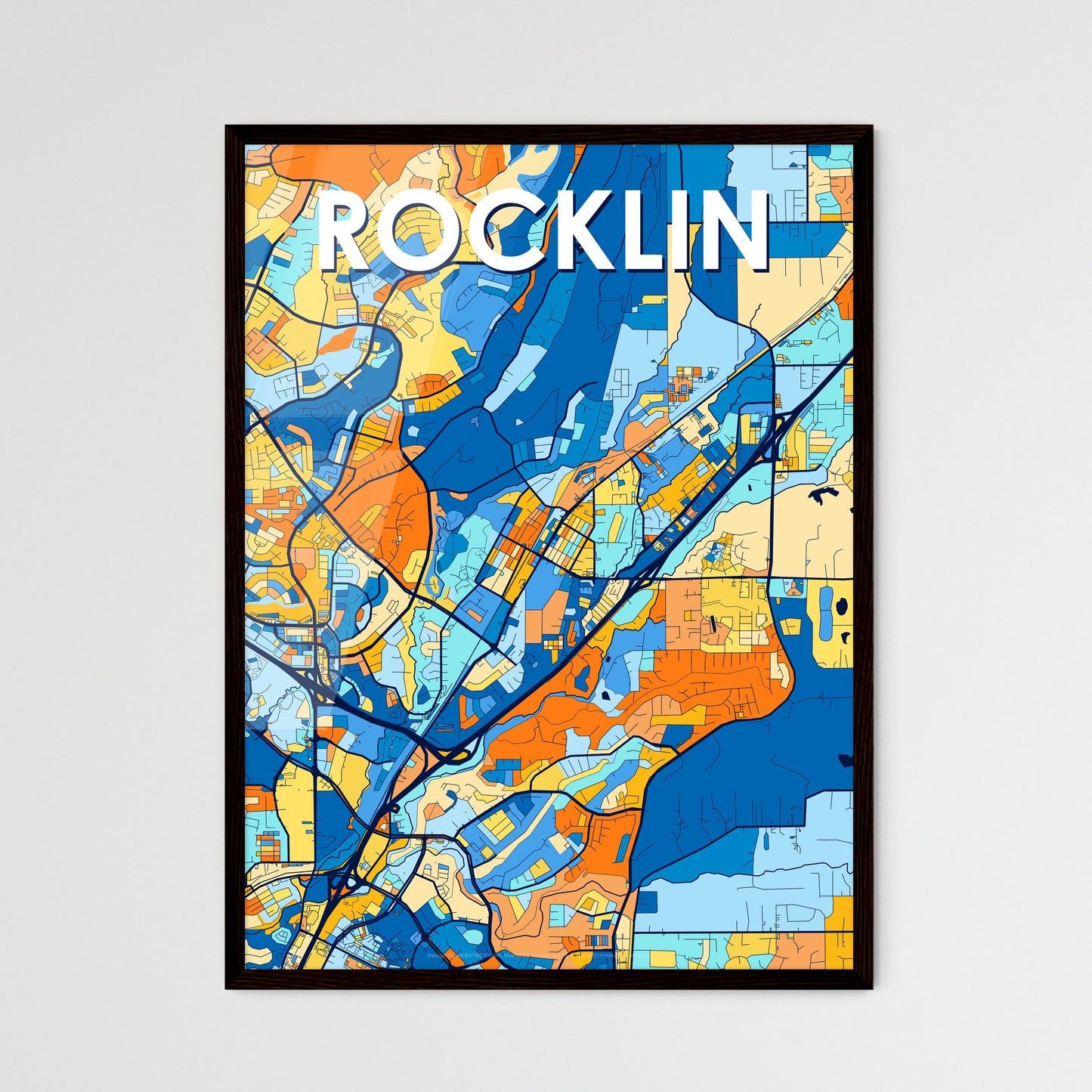 ROCKLIN CALIFORNIA Vibrant Colorful Art Map Poster Blue Orange