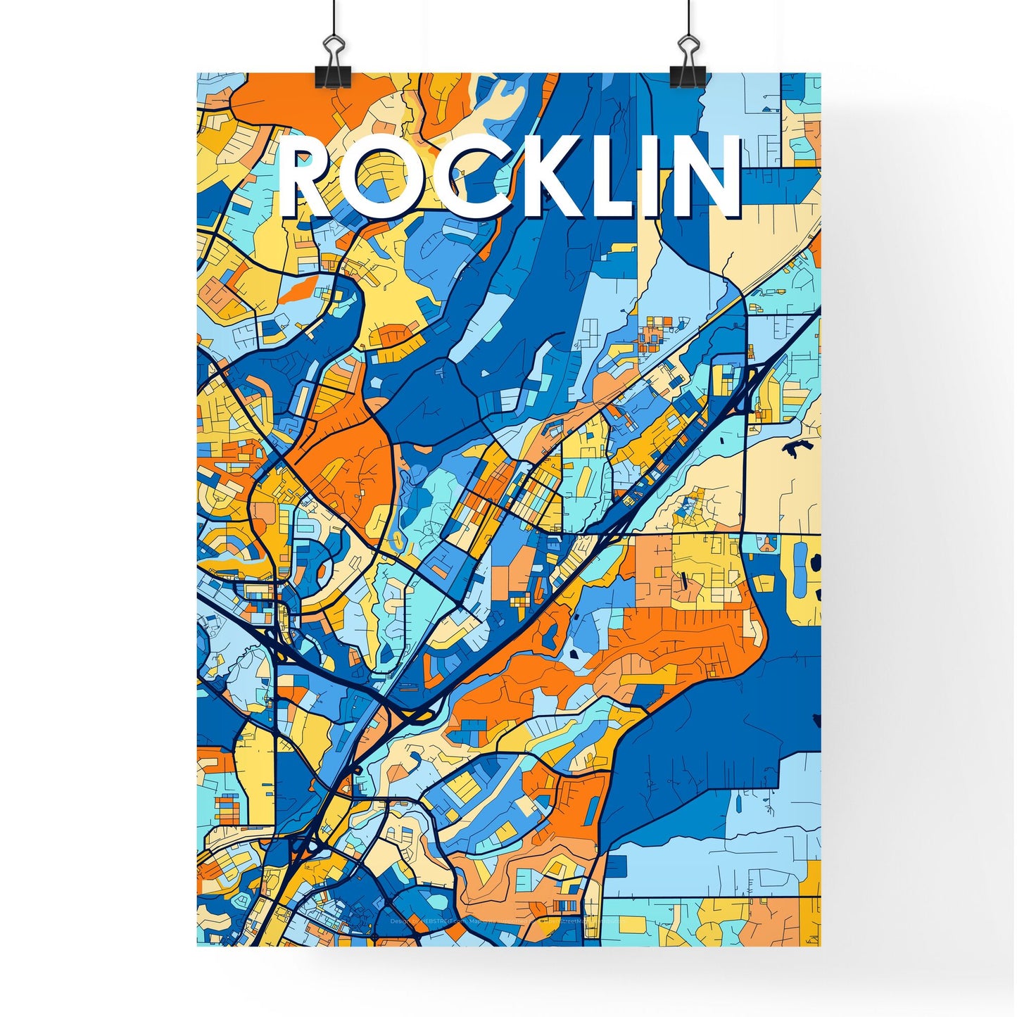 ROCKLIN CALIFORNIA Vibrant Colorful Art Map Poster Blue Orange