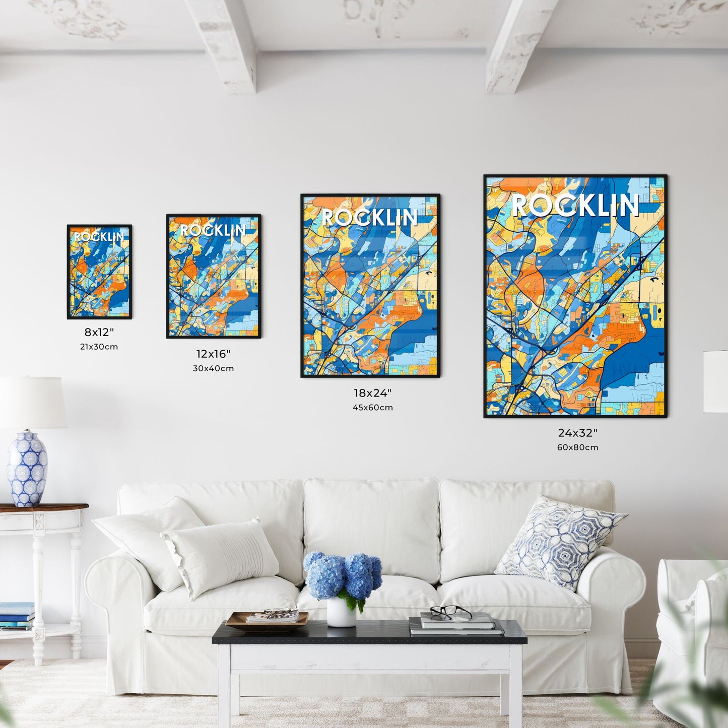 ROCKLIN CALIFORNIA Vibrant Colorful Art Map Poster Blue Orange