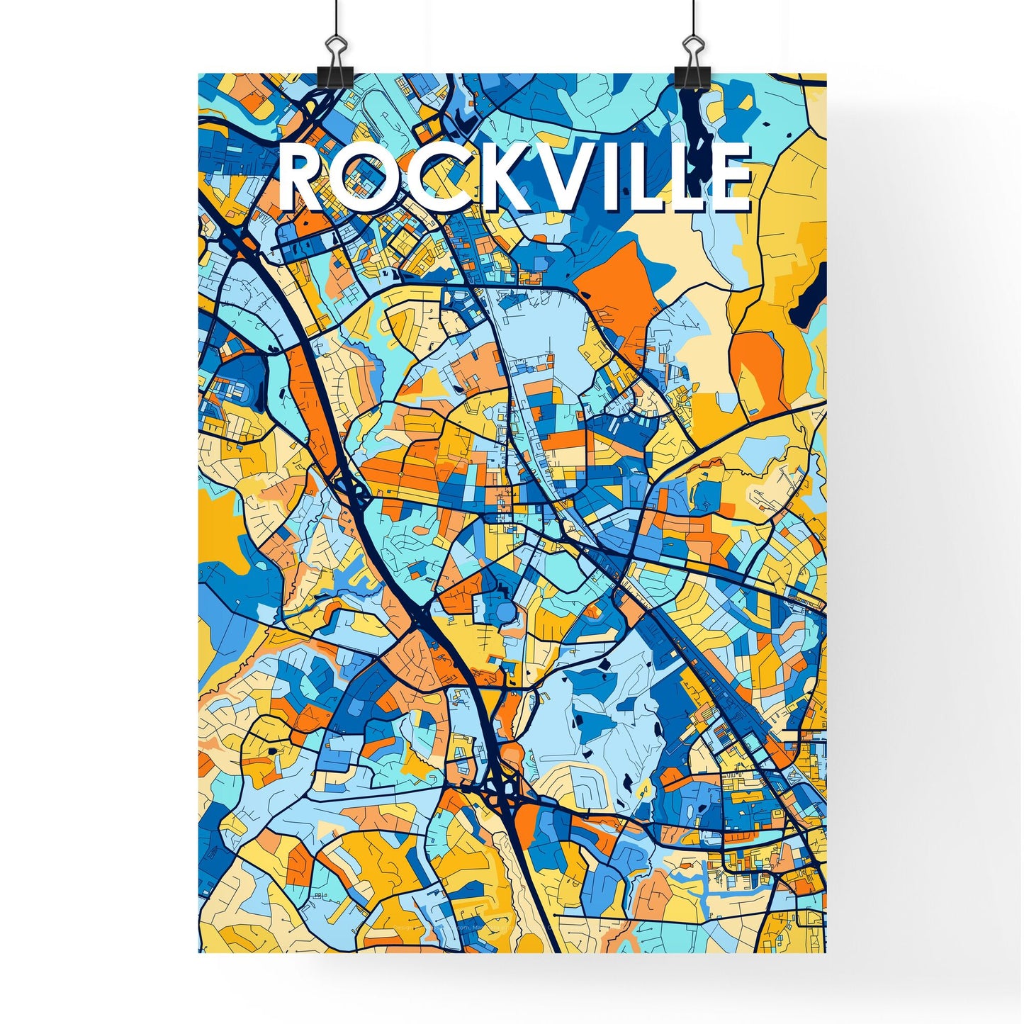 ROCKVILLE MARYLAND Vibrant Colorful Art Map Poster Blue Orange