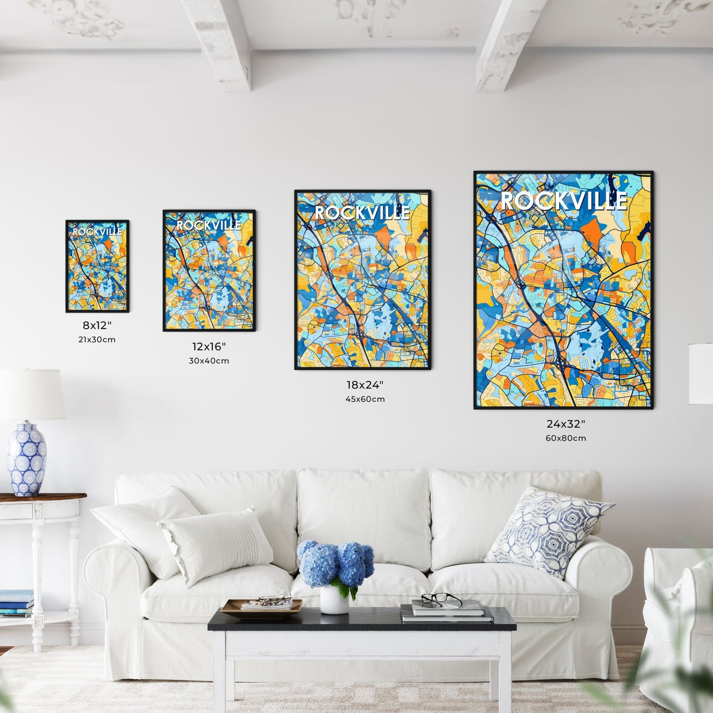 ROCKVILLE MARYLAND Vibrant Colorful Art Map Poster Blue Orange