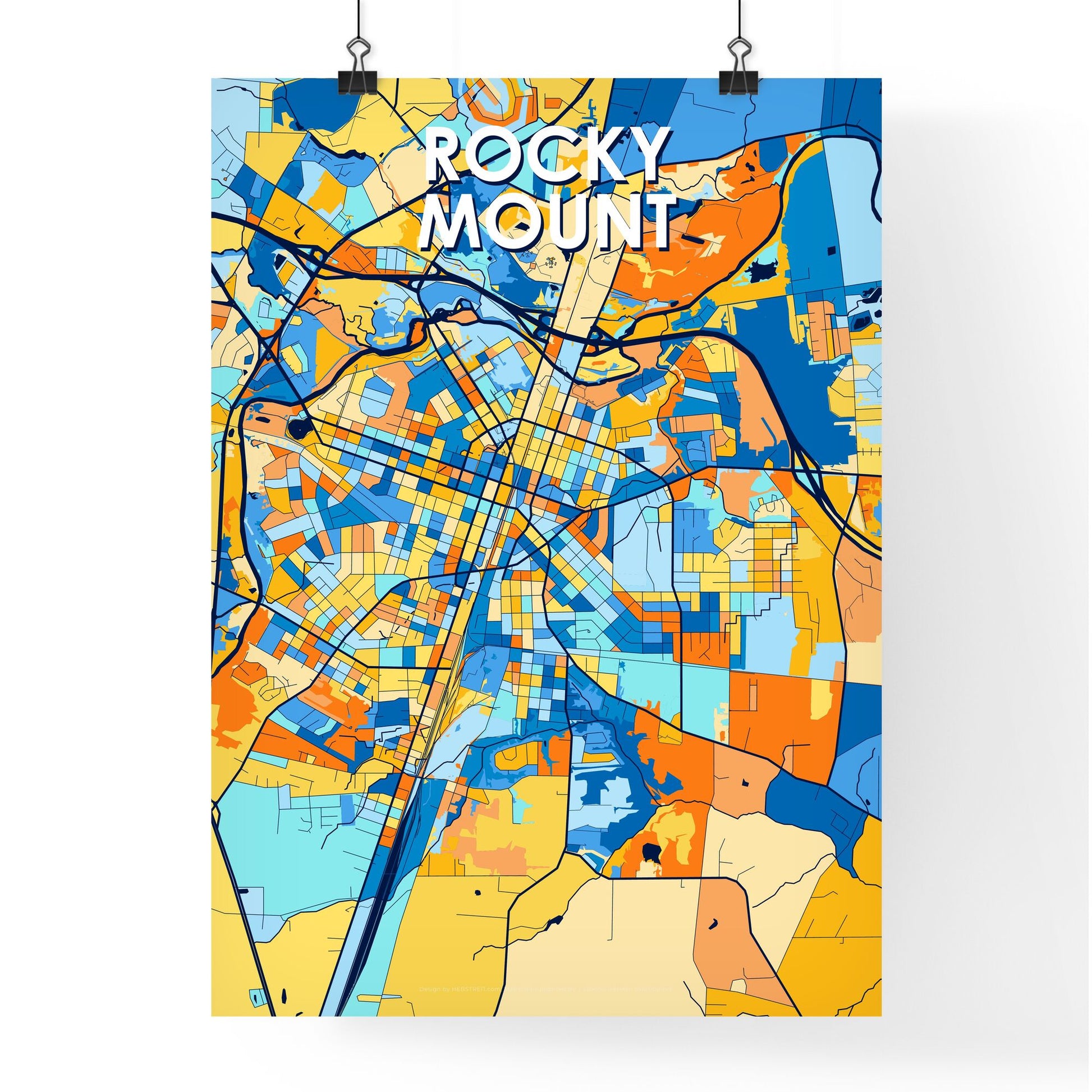 ROCKY MOUNT NORTH CAROLINA Vibrant Colorful Art Map Poster Blue Orange