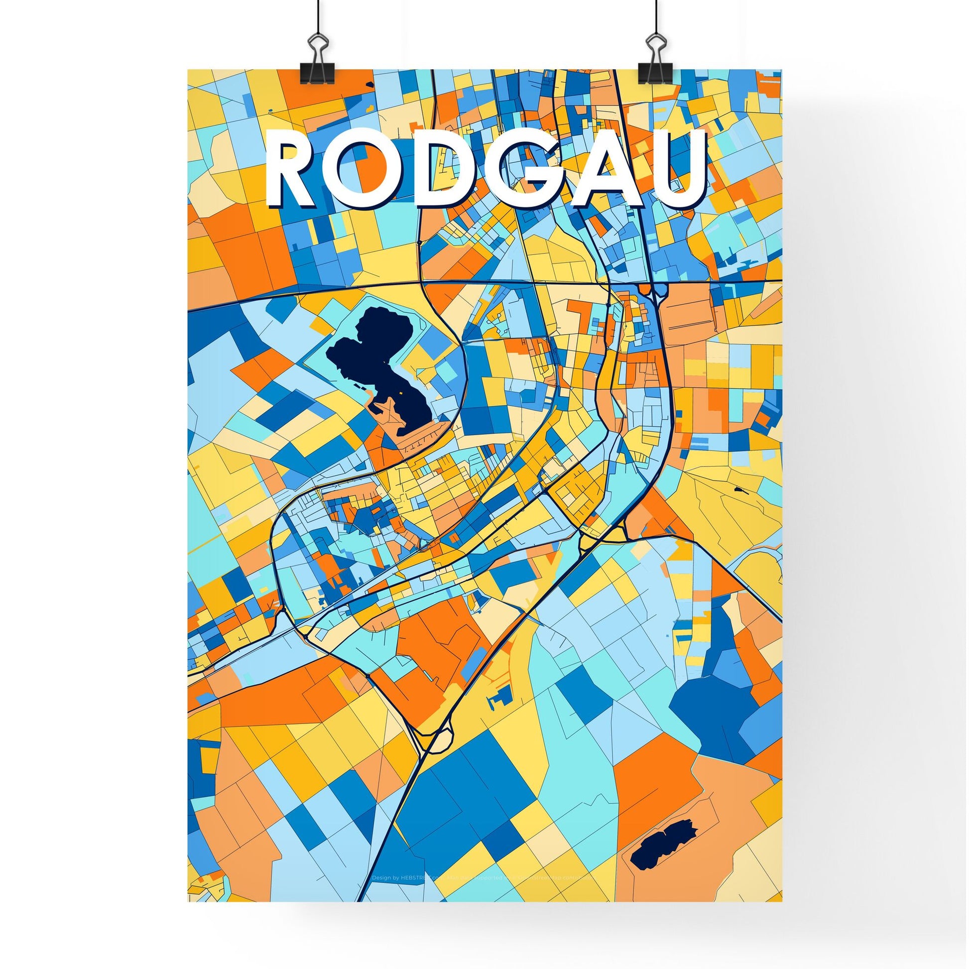 RODGAU GERMANY Vibrant Colorful Art Map Poster Blue Orange