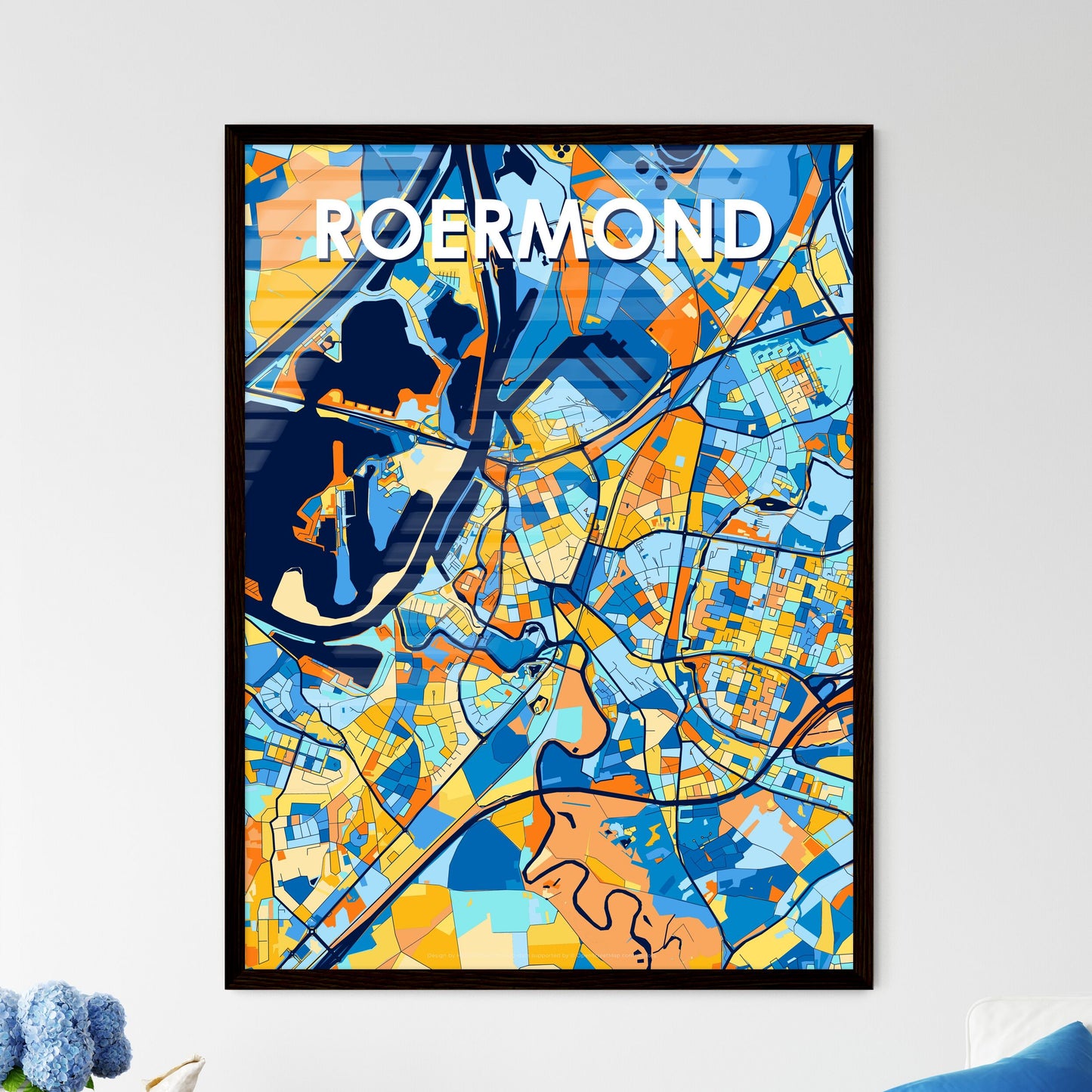 ROERMOND NETHERLANDS Vibrant Colorful Art Map Poster Blue Orange