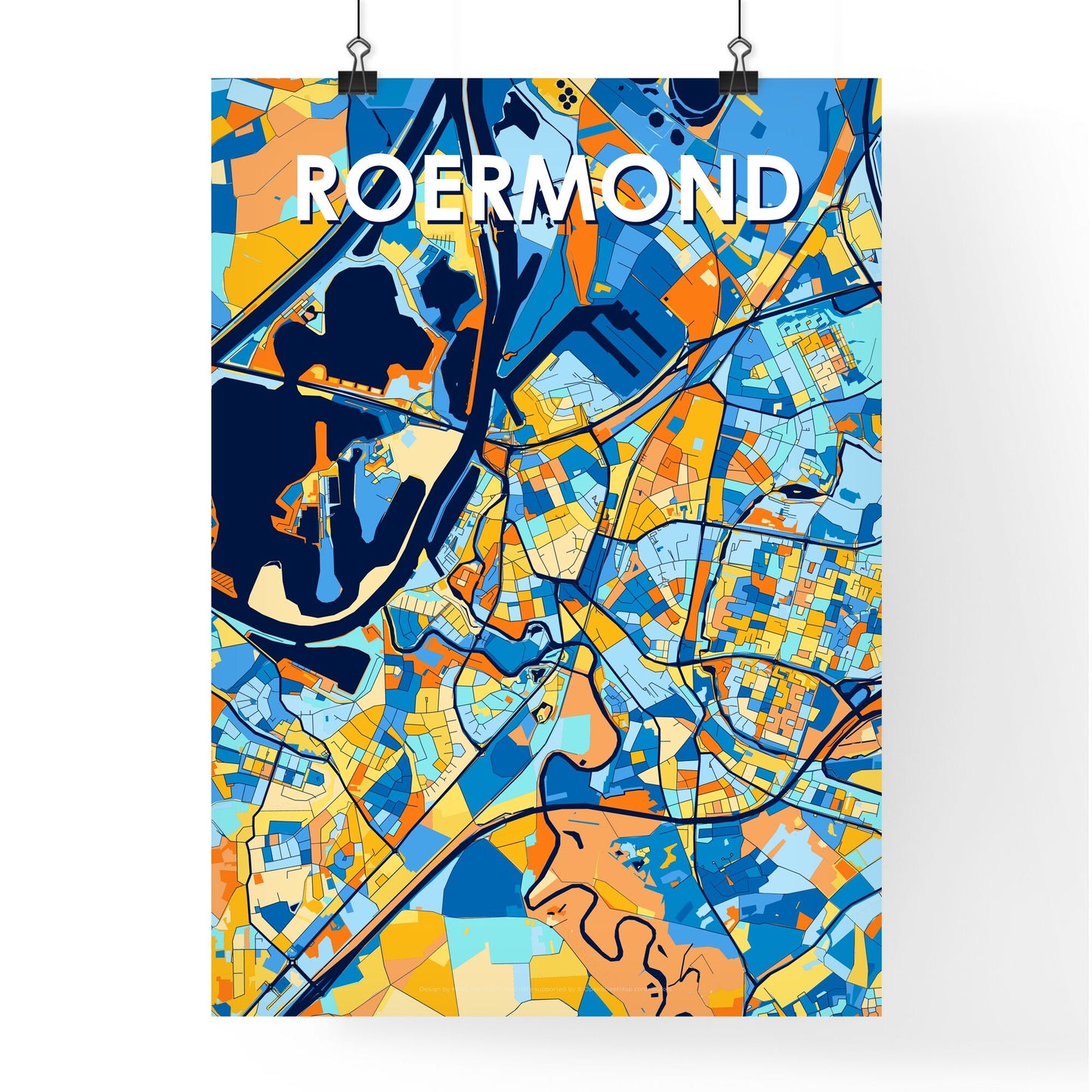 ROERMOND NETHERLANDS Vibrant Colorful Art Map Poster Blue Orange