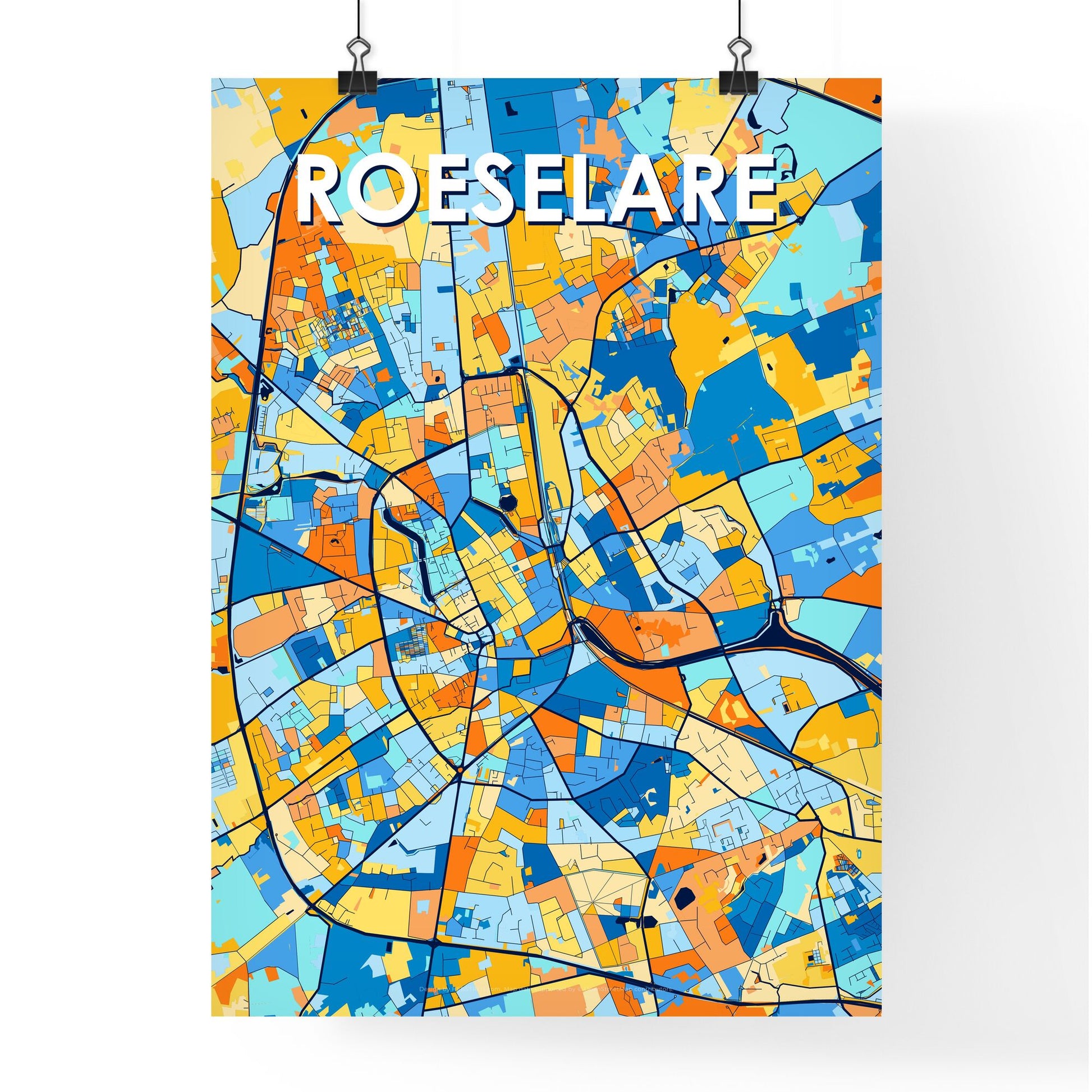 ROESELARE BELGIUM Vibrant Colorful Art Map Poster Blue Orange