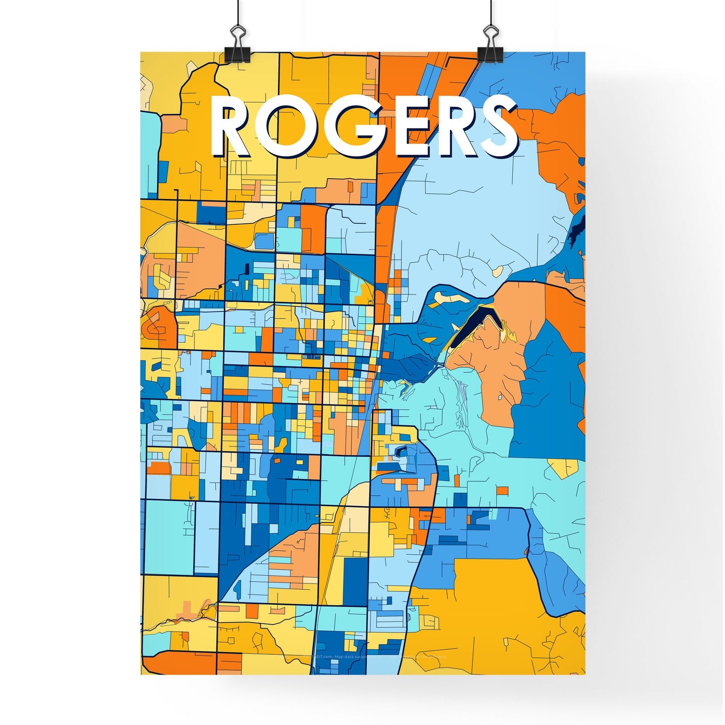 ROGERS ARKANSAS Vibrant Colorful Art Map Poster Blue Orange