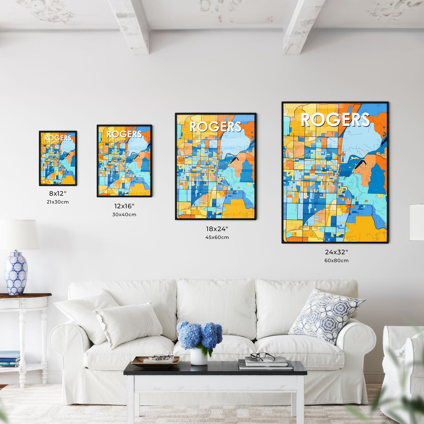 ROGERS ARKANSAS Vibrant Colorful Art Map Poster Blue Orange