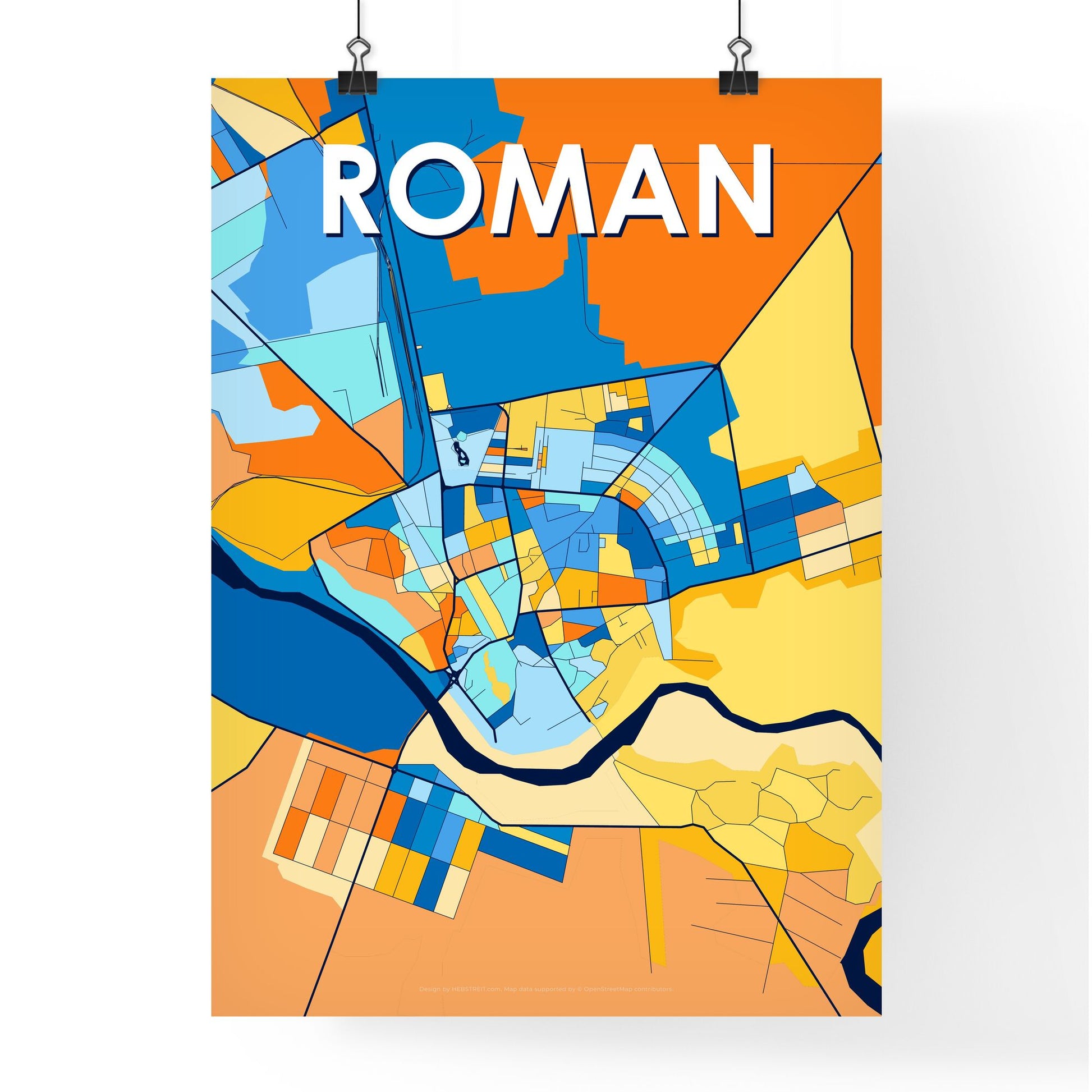 ROMAN ROMANIA Vibrant Colorful Art Map Poster Blue Orange