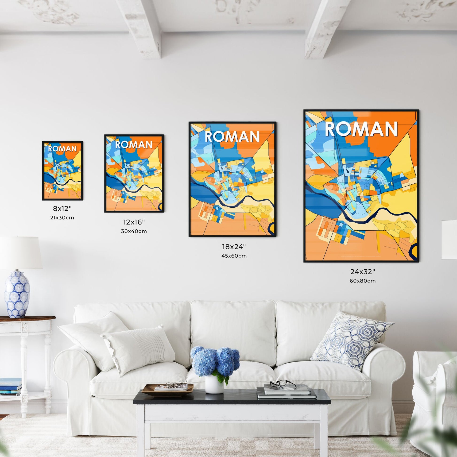 ROMAN ROMANIA Vibrant Colorful Art Map Poster Blue Orange