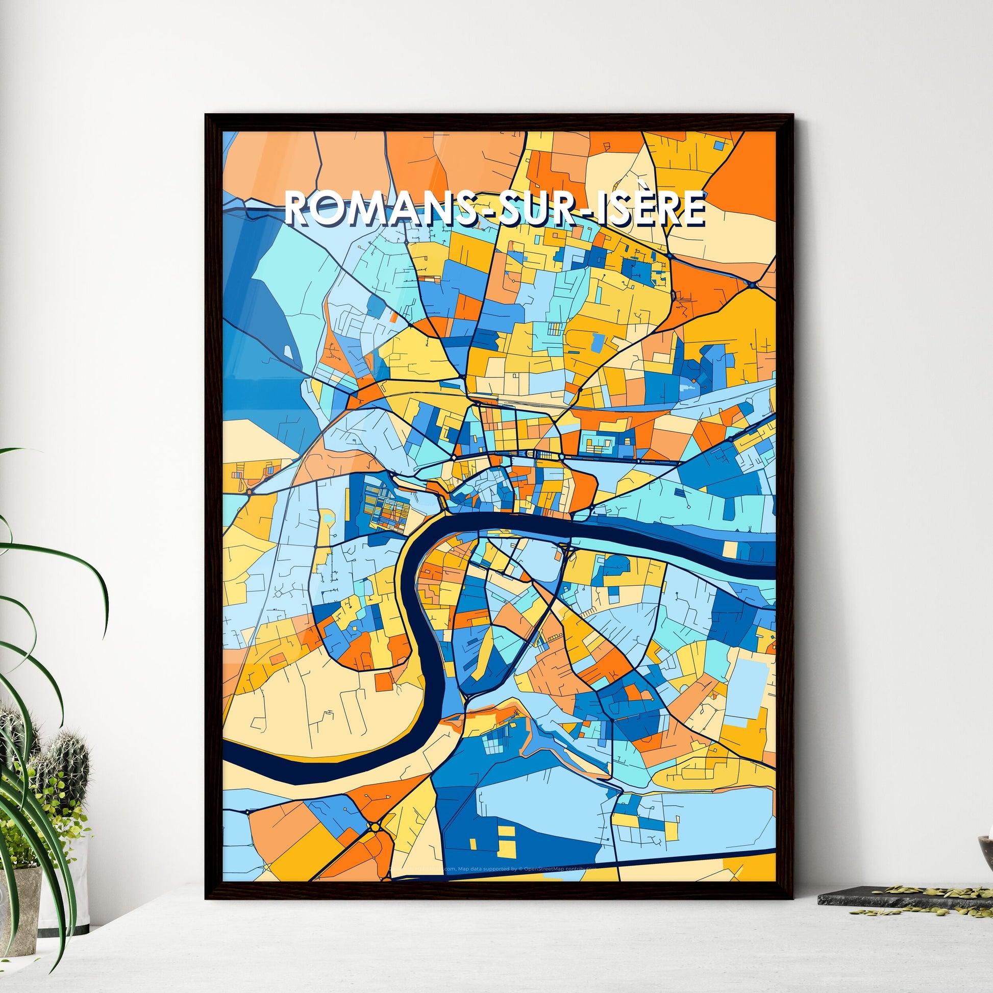 ROMANS-SUR-ISÈRE FRANCE Vibrant Colorful Art Map Poster Blue Orange