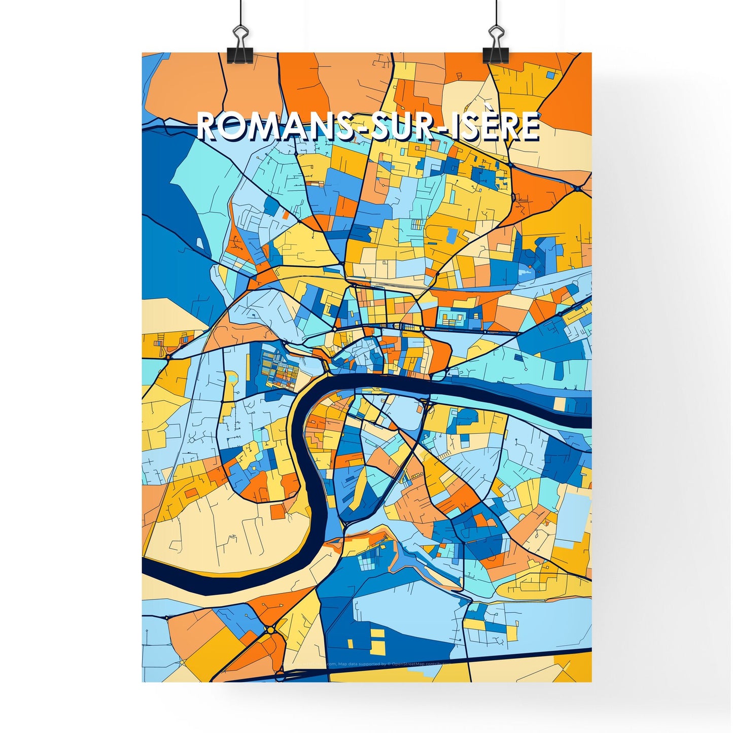 ROMANS-SUR-ISÈRE FRANCE Vibrant Colorful Art Map Poster Blue Orange