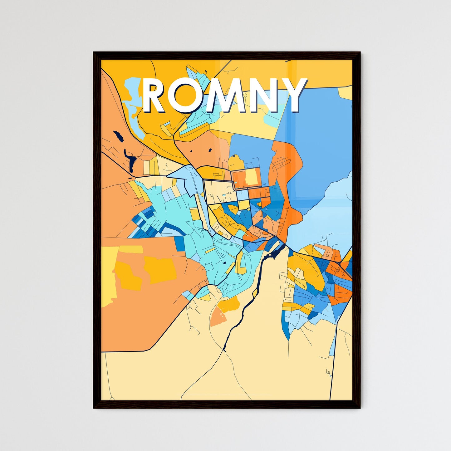 ROMNY UKRAINE Vibrant Colorful Art Map Poster Blue Orange